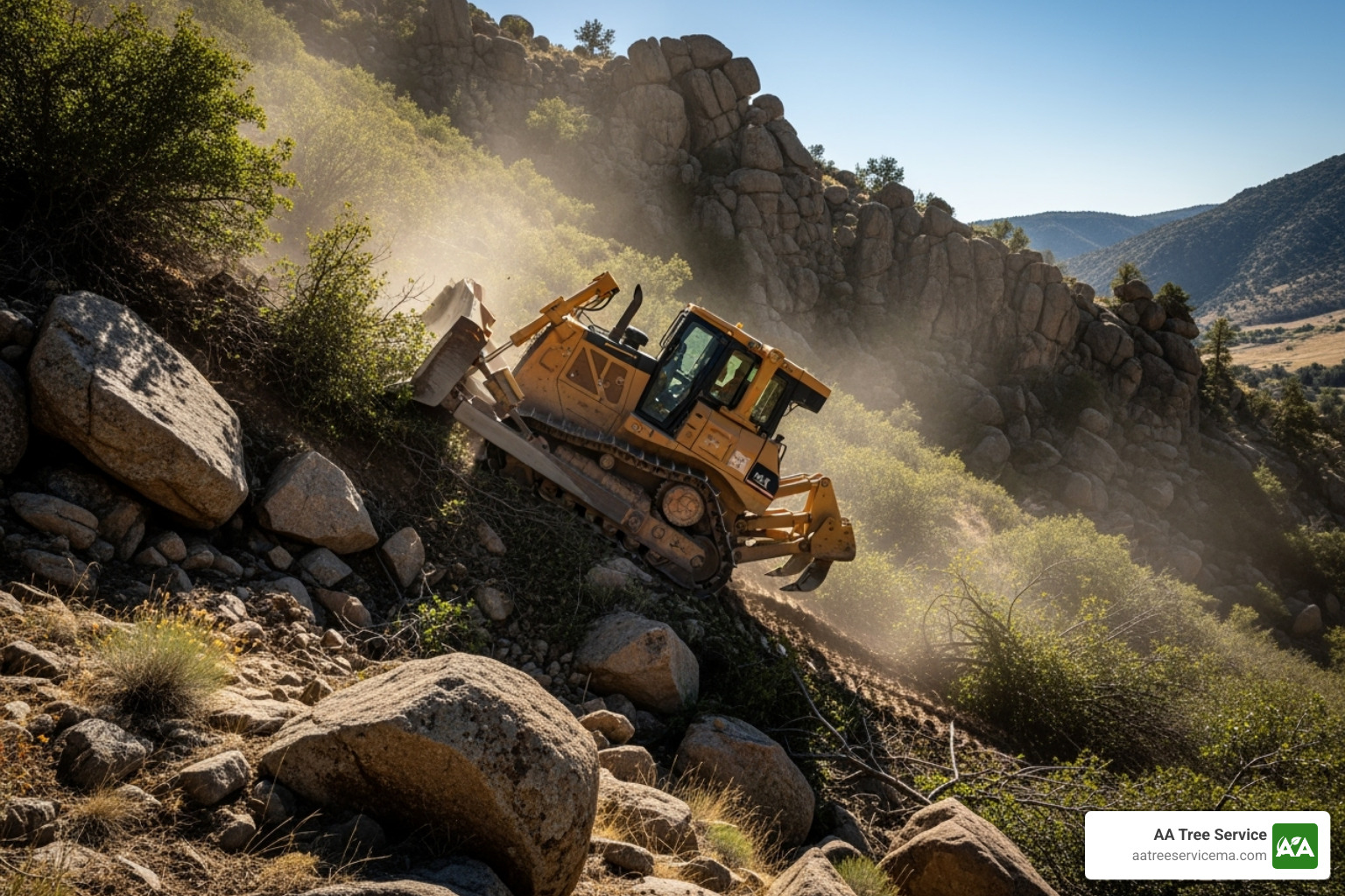 A professional clearing brush on a sloped, rocky terrain with heavy equipment. - brush clearing cost