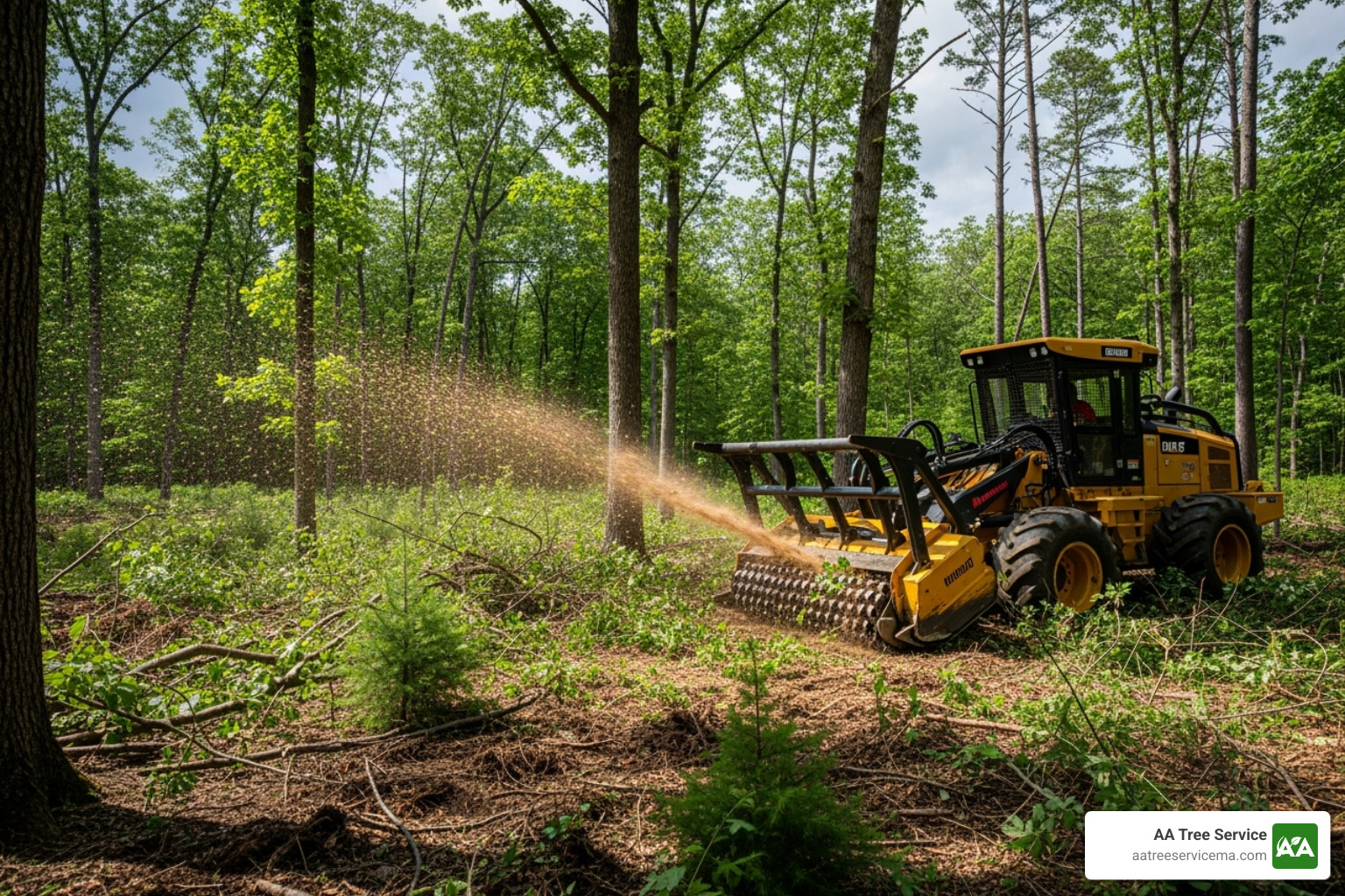 Heavy machinery like a forestry mulcher at work clearing brush and small trees. - brush clearing cost