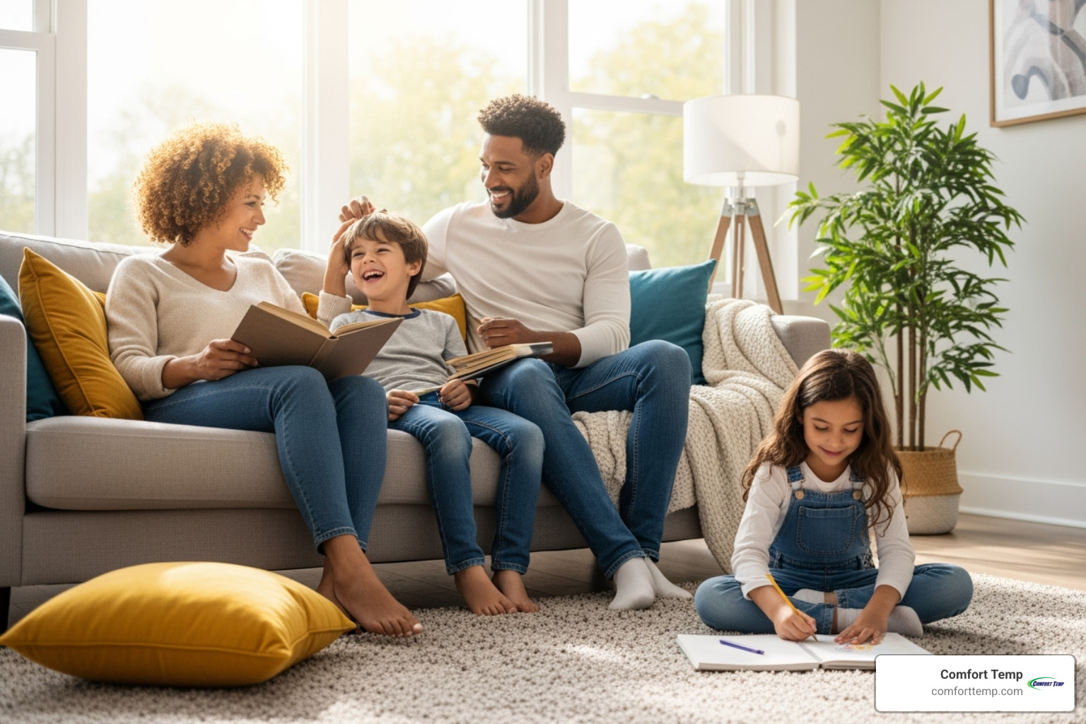 family enjoying fresh air in their living room - whole house ventilation family enjoying fresh air in their living room - whole house ventilation