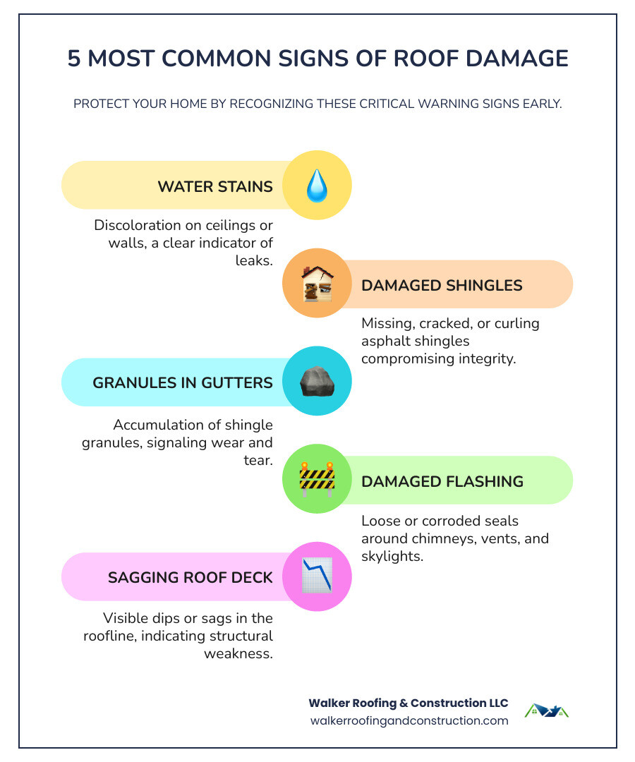 Infographic showing the 5 most common signs of roof damage: 1. Water stains on ceilings or walls indicating leaks, 2. Missing, cracked, or curling shingles, 3. Granules collecting in gutters from worn shingles, 4. Damaged or loose flashing around chimneys and vents, 5. Sagging areas on the roof deck suggesting structural issues - roof repair contractors infographic infographic-line-5-steps-colors