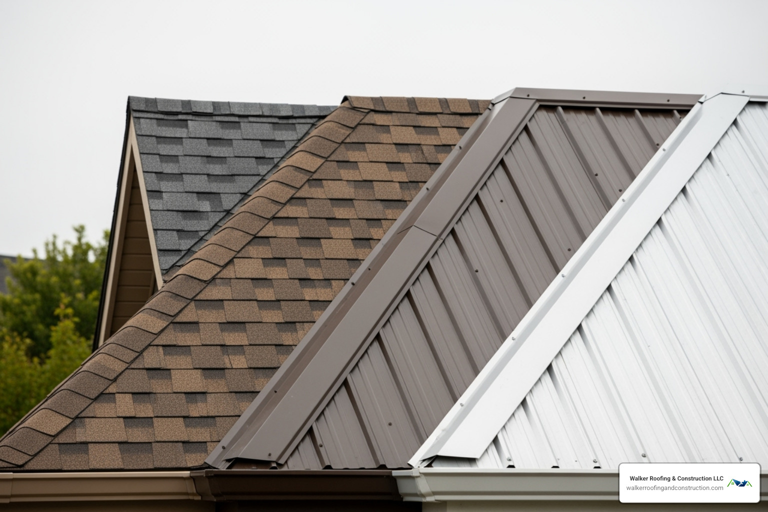 different roofing materials like asphalt shingles and metal panels - roof repair contractors