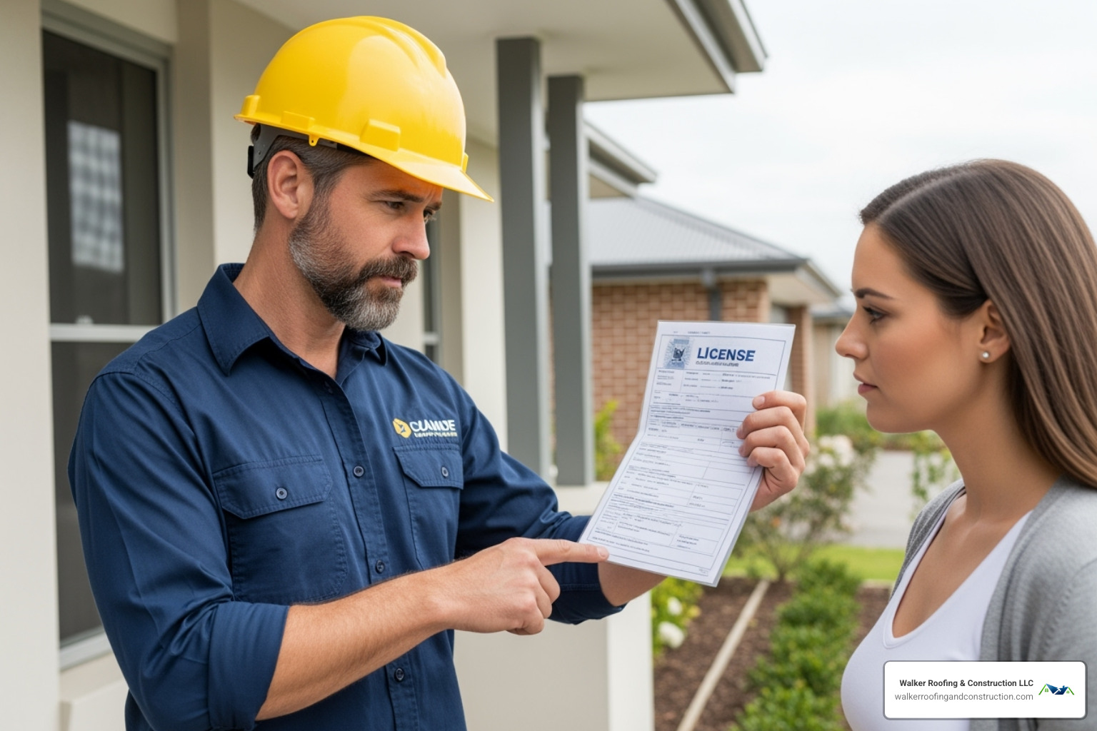 contractor showing a license to a homeowner - roof repair contractors