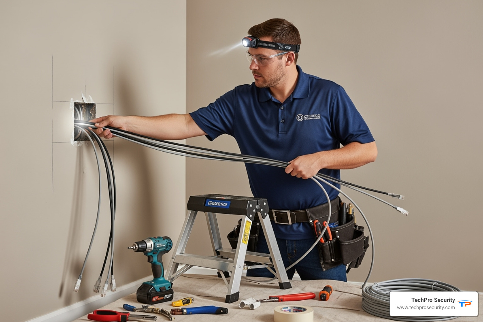 Certified technician running cables - security camera installation fort lauderdale