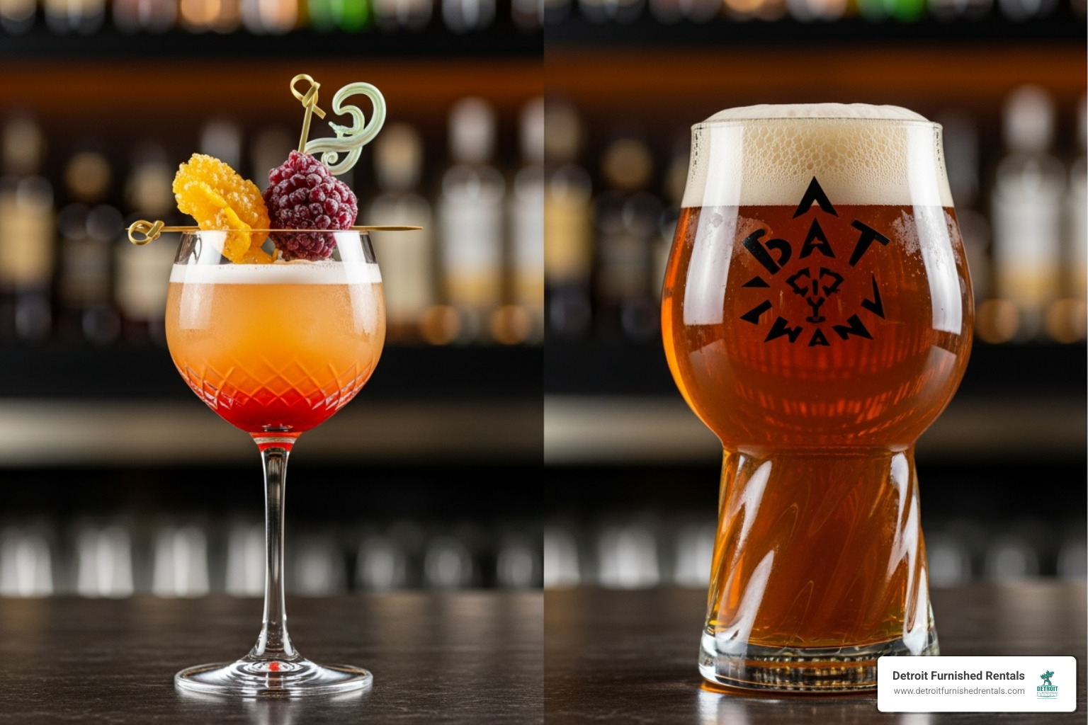 Split screen showing a fancy cocktail on one side and a craft beer on the other - Fine Dinning and Casual restuarants in Detroit