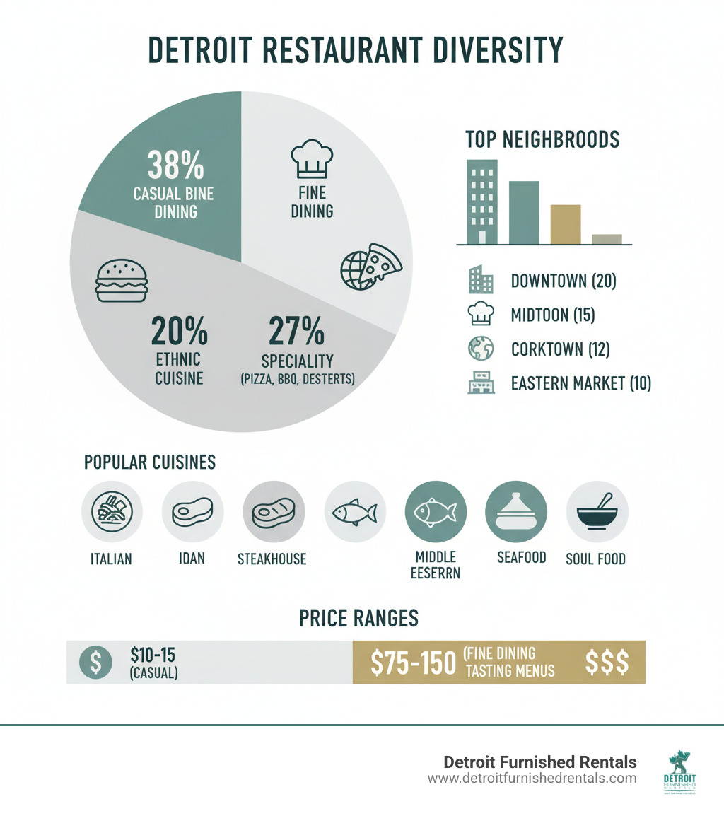 Infographic showing Detroit's restaurant diversity: 38% casual dining, 25% fine dining, 20% ethnic cuisine, 17% specialty (pizza, BBQ, desserts). Top neighborhoods: Downtown (20 restaurants), Midtown (15), Corktown (12), Eastern Market (10). Popular cuisines: Italian, Steakhouse, Seafood, Middle Eastern, Soul Food. Price ranges from $10-15 (casual) to $75-150 (fine dining tasting menus) - Fine Dinning and Casual restuarants in Detroit infographic 