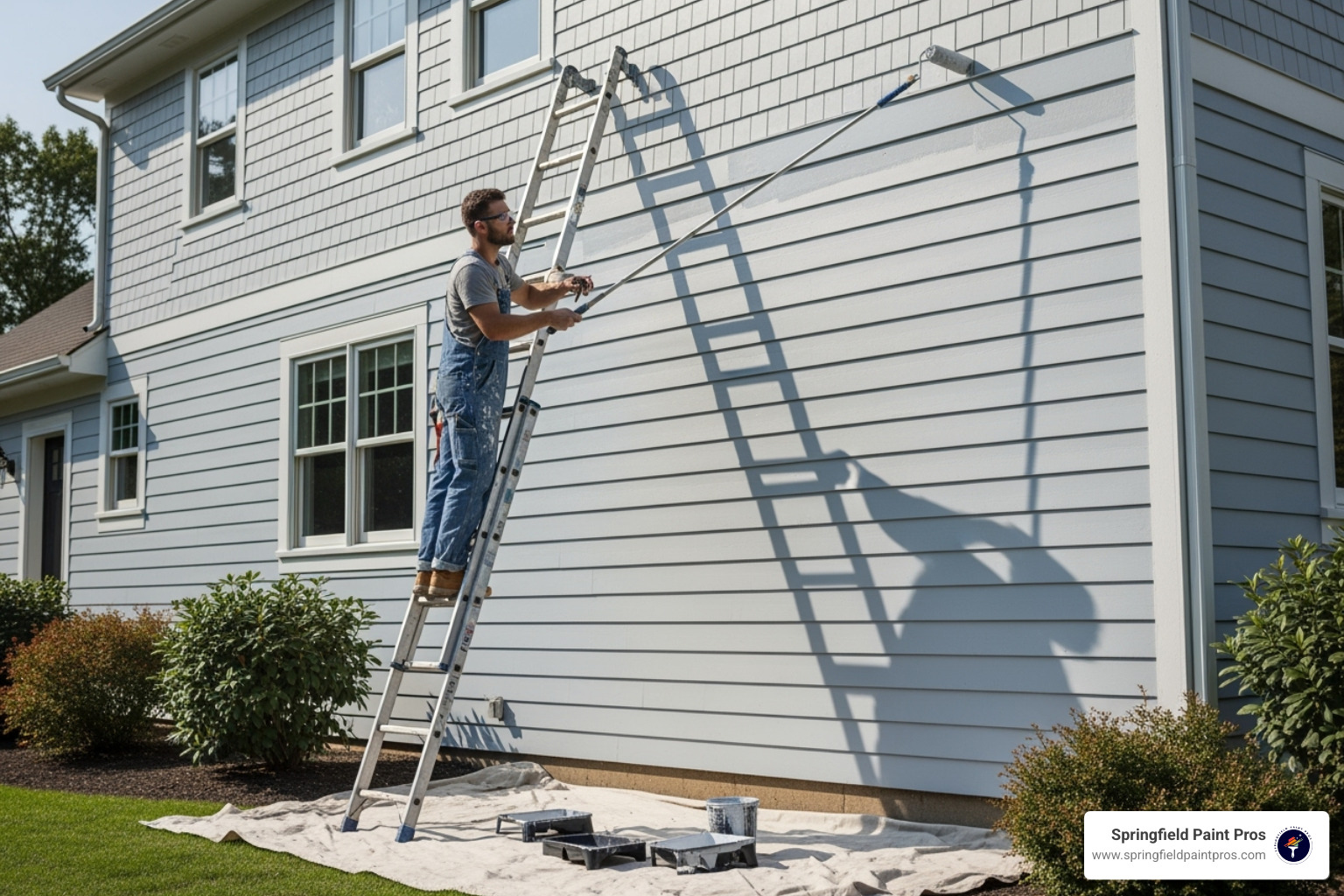 painter applying paint to siding with a roller and extension pole - exterior house painting painter applying paint to siding with a roller and extension pole - exterior house painting