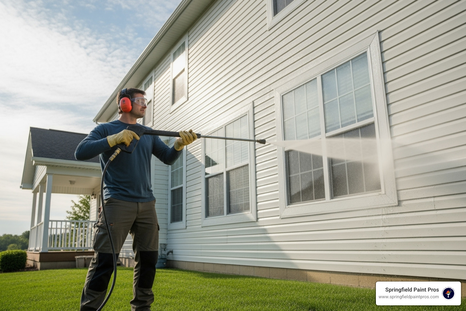 person safely pressure washing a house's siding - exterior house painting person safely pressure washing a house's siding - exterior house painting
