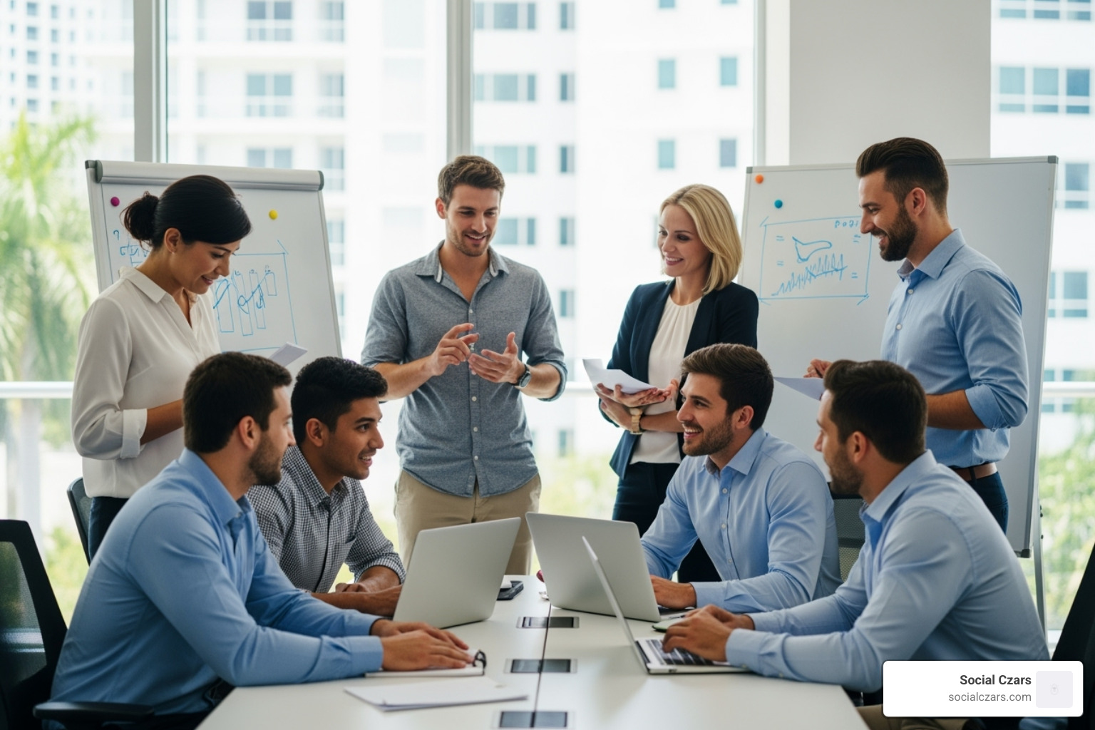 diverse group of professionals collaborating in a modern Miami office - reputation management miami