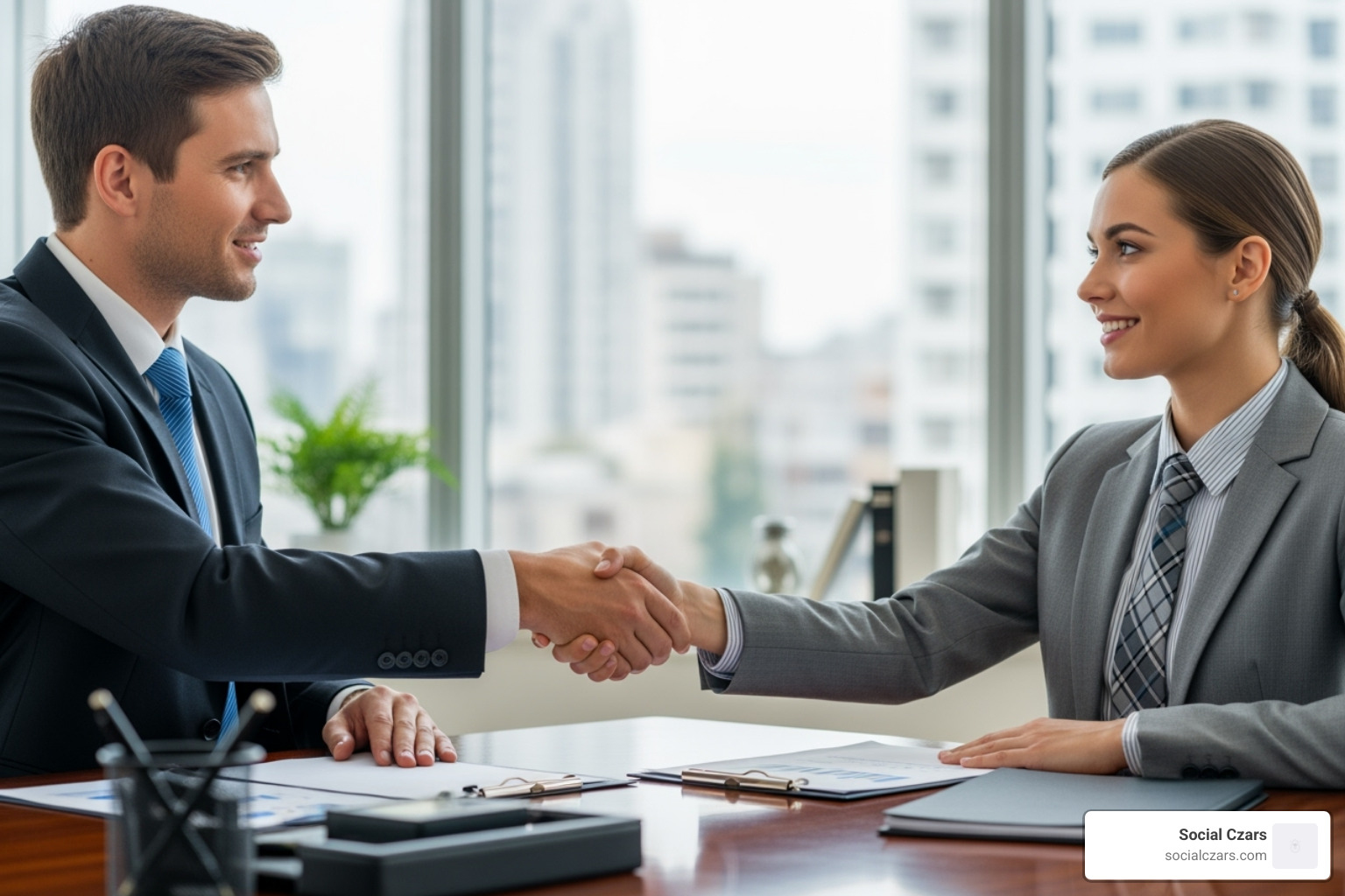 person shaking hands with a consultant across a desk - reputation management miami