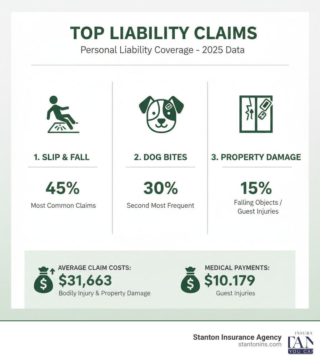 infographic showing the top liability claims: slip and fall accidents accounting for the most common claims, dog bites as the second most frequent claim, and property damage from falling objects or guest injuries as the third category, with average claim costs of $31,663 for bodily injury and property damage, and $10,179 for medical payments - Personal liability coverage infographic 