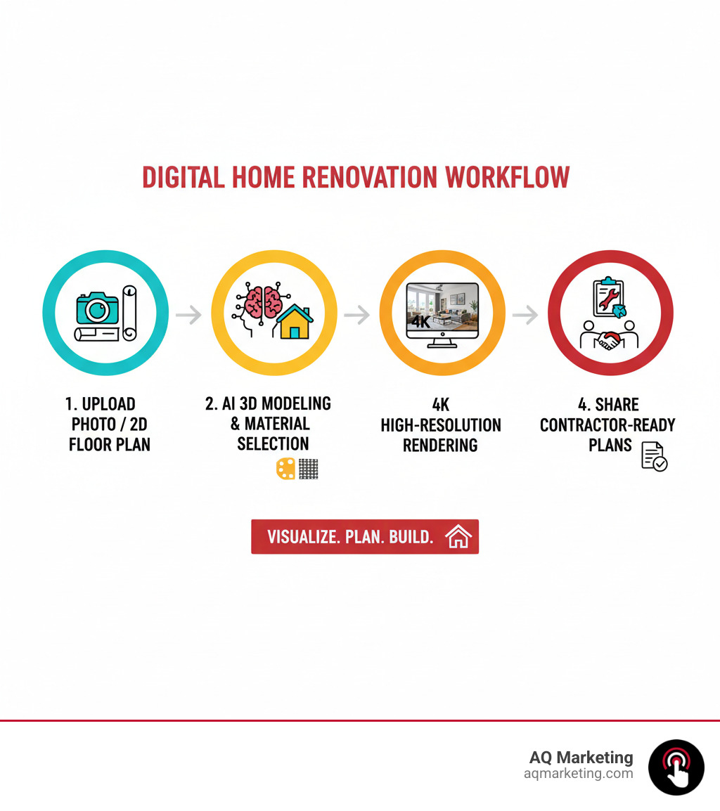 infographic showing the digital home renovation workflow from uploading a photo or creating a 2D floor plan, to AI-powered 3D modeling and material selection, to high-resolution 4K rendering, to sharing contractor-ready plans - home renovation design website infographic 