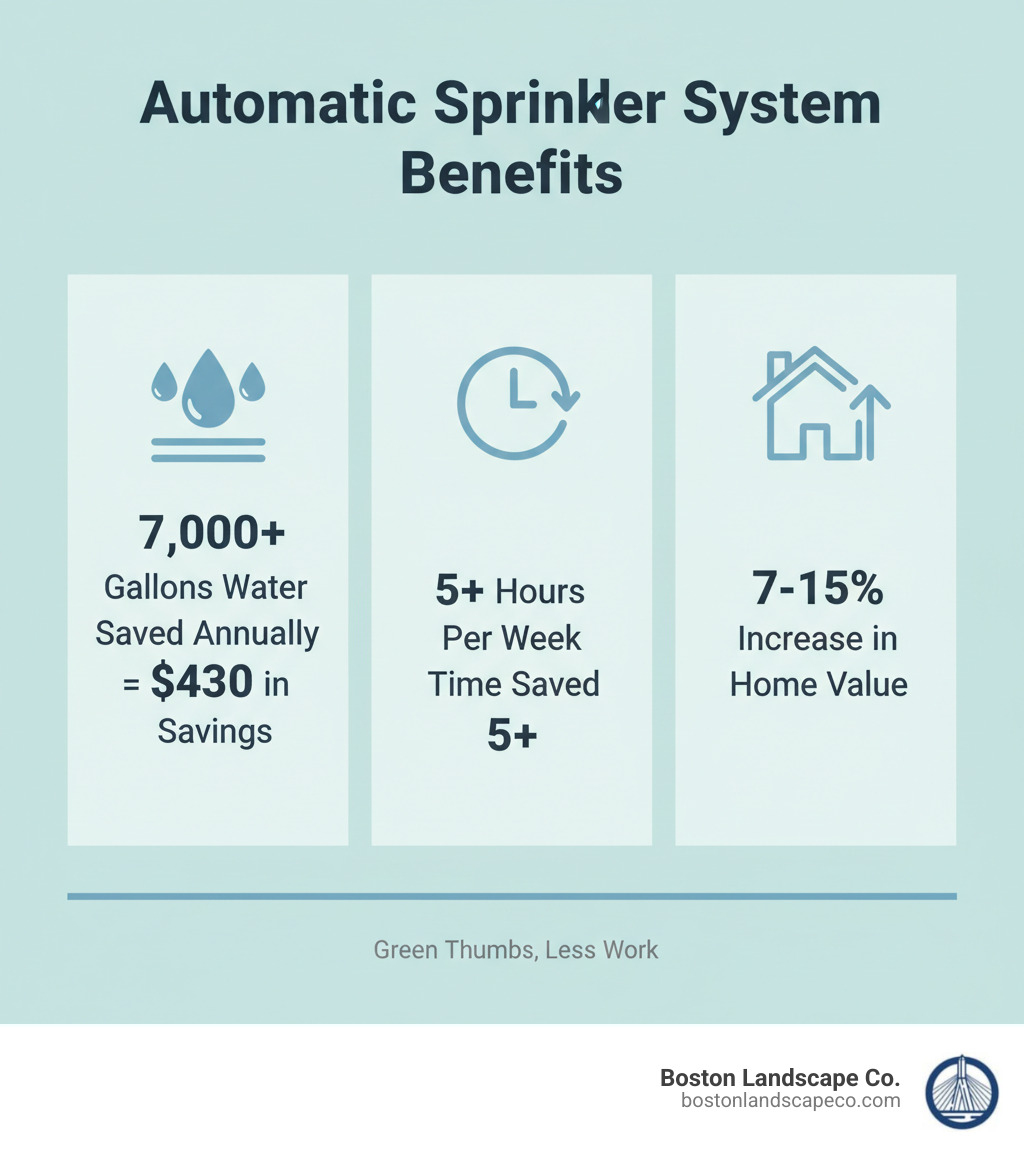 infographic showing automatic sprinkler system benefits: 7,000+ gallons water saved annually equals $430 in savings, plus 5+ hours per week time saved, plus 7-15% increase in home value, with icons showing water droplets, clock, and house with up arrow - automatic sprinkler system infographic infographic showing automatic sprinkler system benefits: 7,000+ gallons water saved annually equals $430 in savings, plus 5+ hours per week time saved, plus 7-15% increase in home value, with icons showing water droplets, clock, and house with up arrow - automatic sprinkler system infographic