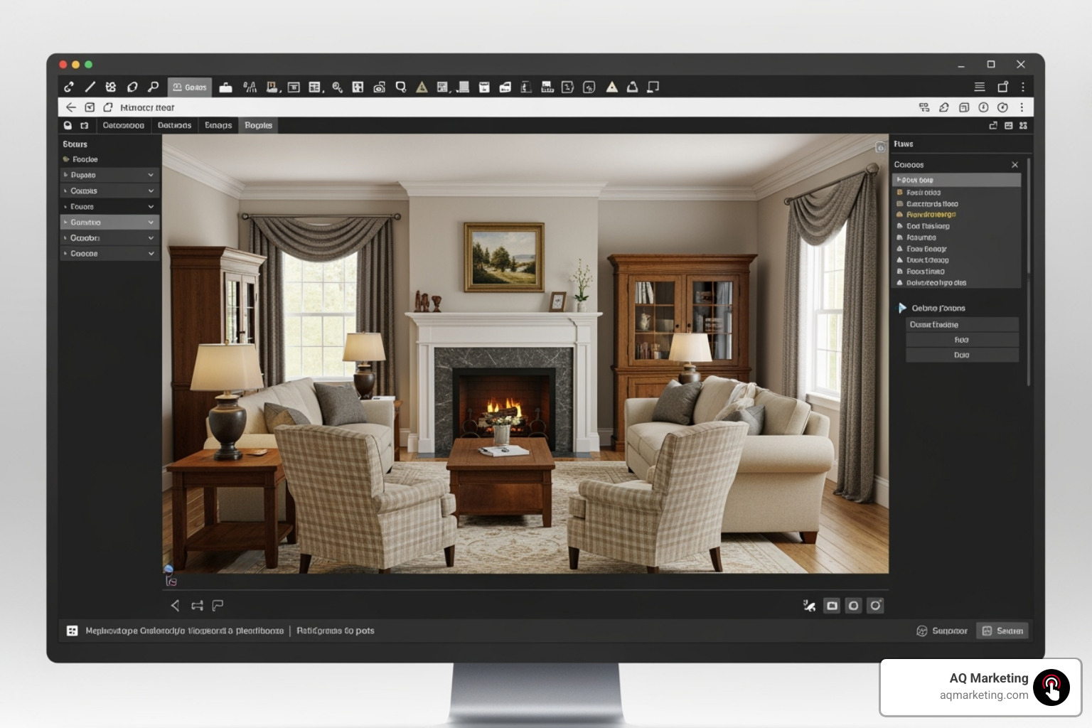 3D home design software interface showing a living room with traditional New England decor - home renovation design website 3D home design software interface showing a living room with traditional New England decor - home renovation design website