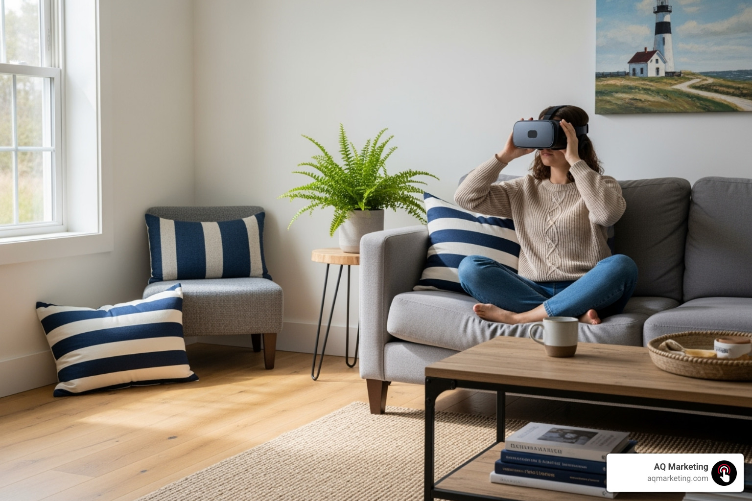 person wearing VR headset in a modern New England-style living room - home renovation design website person wearing VR headset in a modern New England-style living room - home renovation design website