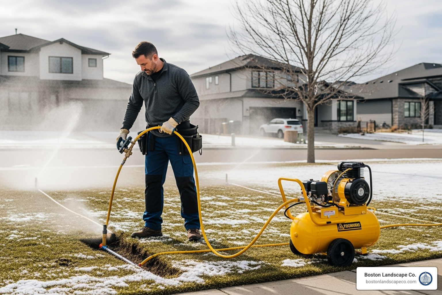 professional performing a winter blow-out on a sprinkler system - automatic sprinkler system professional performing a winter blow-out on a sprinkler system - automatic sprinkler system