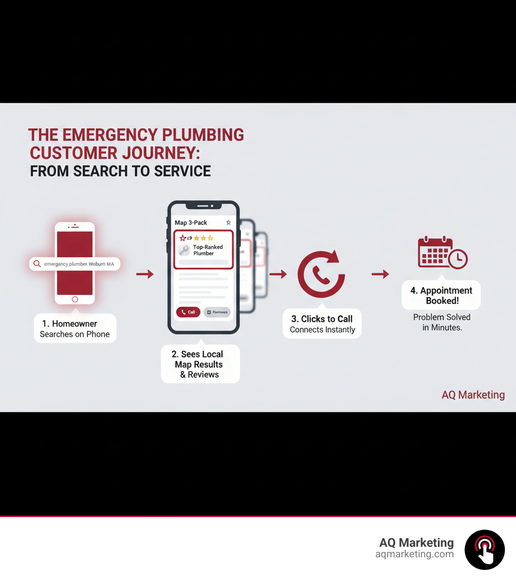 Infographic showing the customer journey: homeowner searches "emergency plumber Woburn MA" on phone, sees Map 3-Pack results with reviews and call buttons, clicks to call top-ranked plumber, appointment booked within minutes - plumber seo experts infographic Infographic showing the customer journey: homeowner searches "emergency plumber Woburn MA" on phone, sees Map 3-Pack results with reviews and call buttons, clicks to call top-ranked plumber, appointment booked within minutes - plumber seo experts infographic