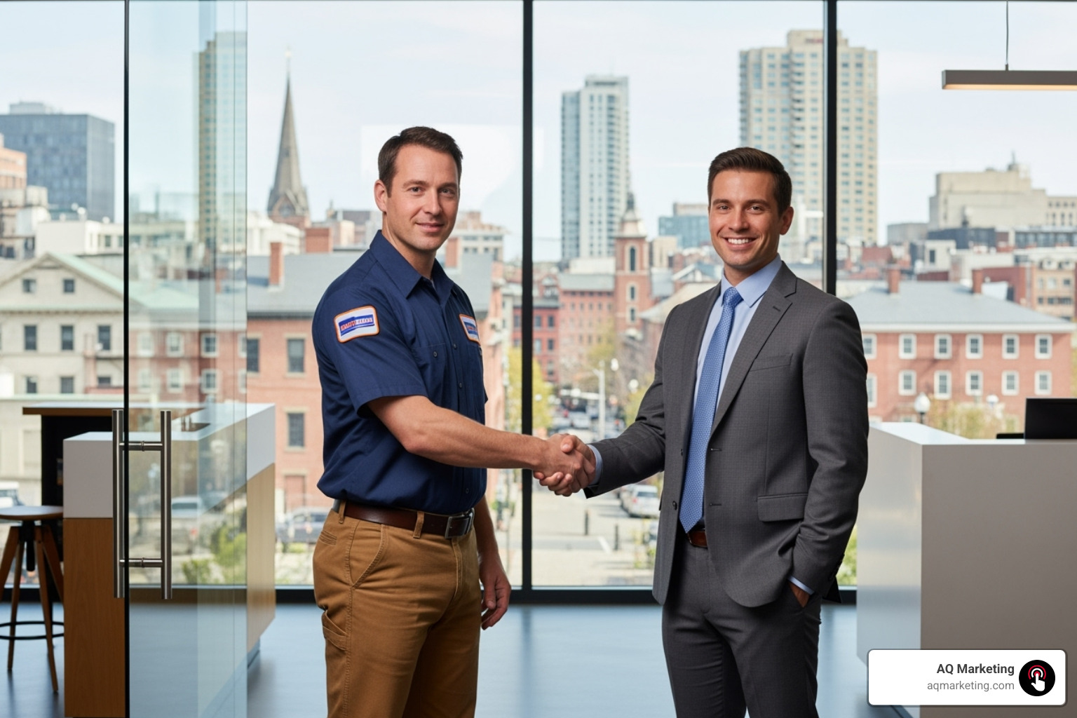 plumber shaking hands with a digital marketer - plumber seo experts plumber shaking hands with a digital marketer - plumber seo experts