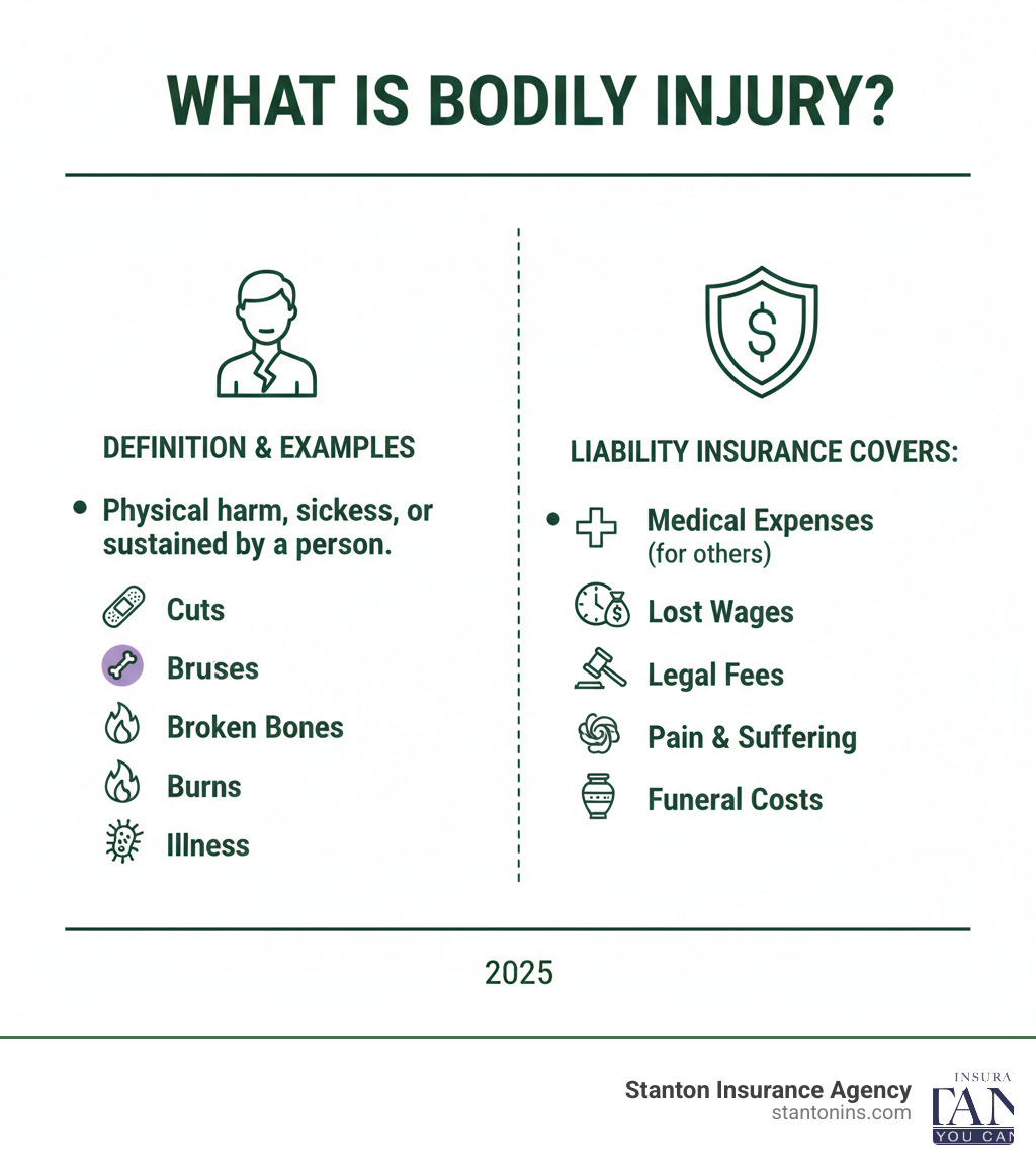 Infographic showing the definition of bodily injury, including examples like cuts, bruises, broken bones, burns, and illness, alongside what bodily injury liability insurance covers: medical expenses for others, lost wages, legal fees, pain and suffering, and funeral costs - what is bodily injury infographic 
