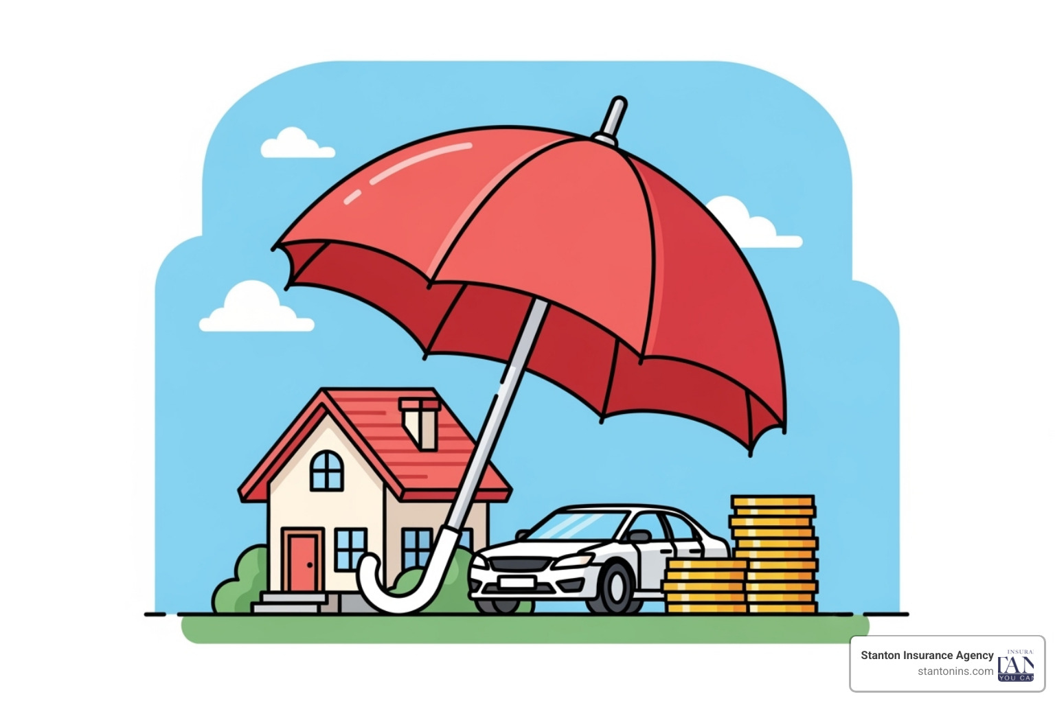 a protective umbrella icon shielding a house, car, and savings, symbolizing asset protection - what is bodily injury