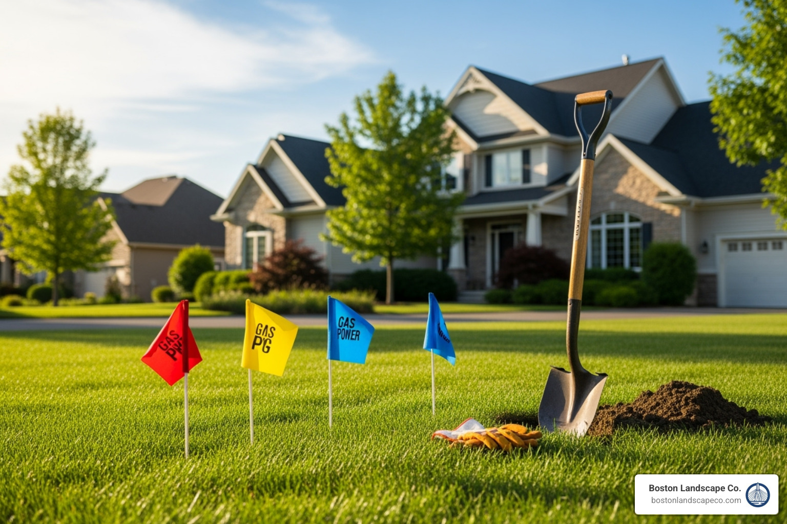 yard with utility lines marked by colorful flags - can you install your own irrigation system yard with utility lines marked by colorful flags - can you install your own irrigation system