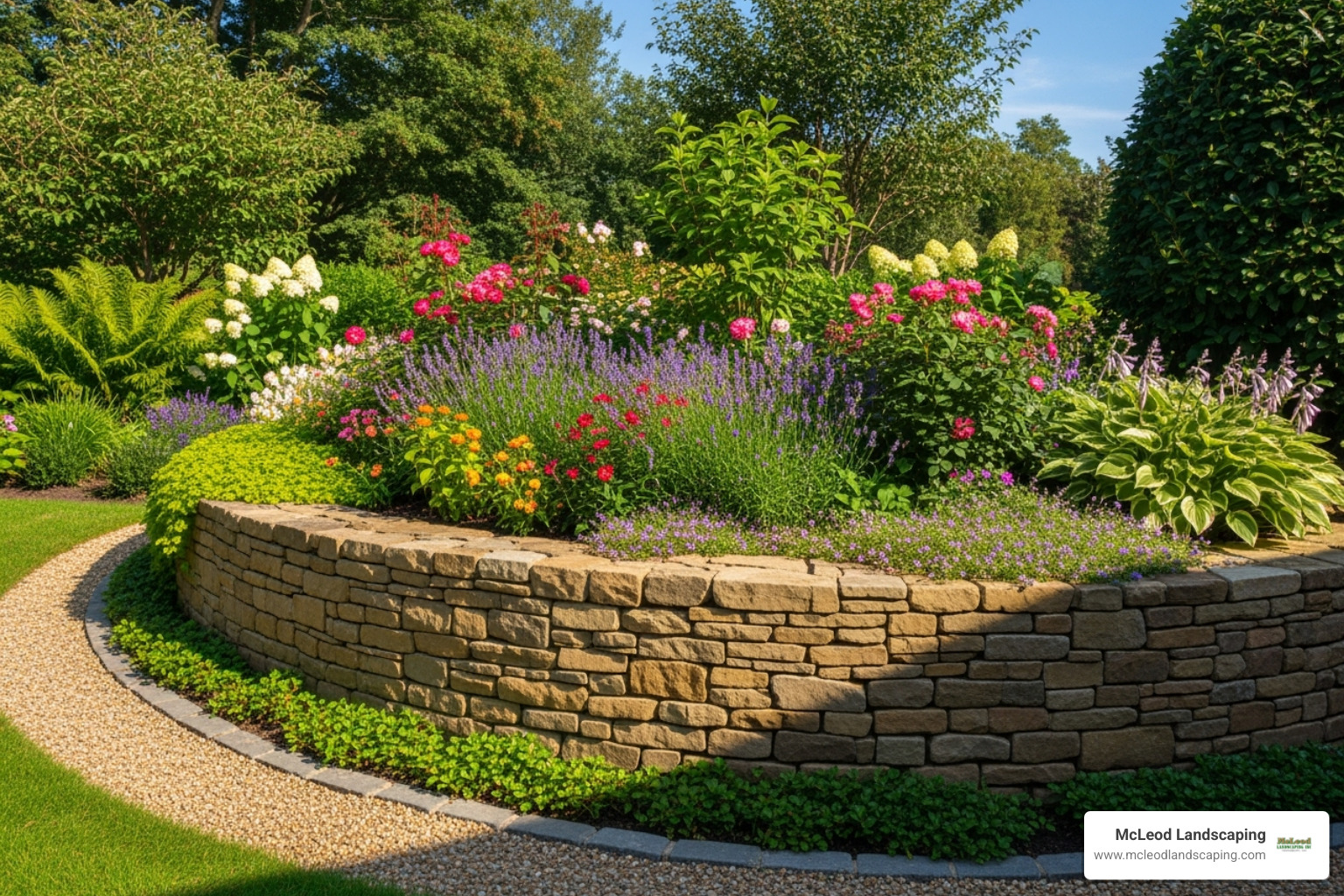 curved retaining wall in landscaped garden - curved retaining wall