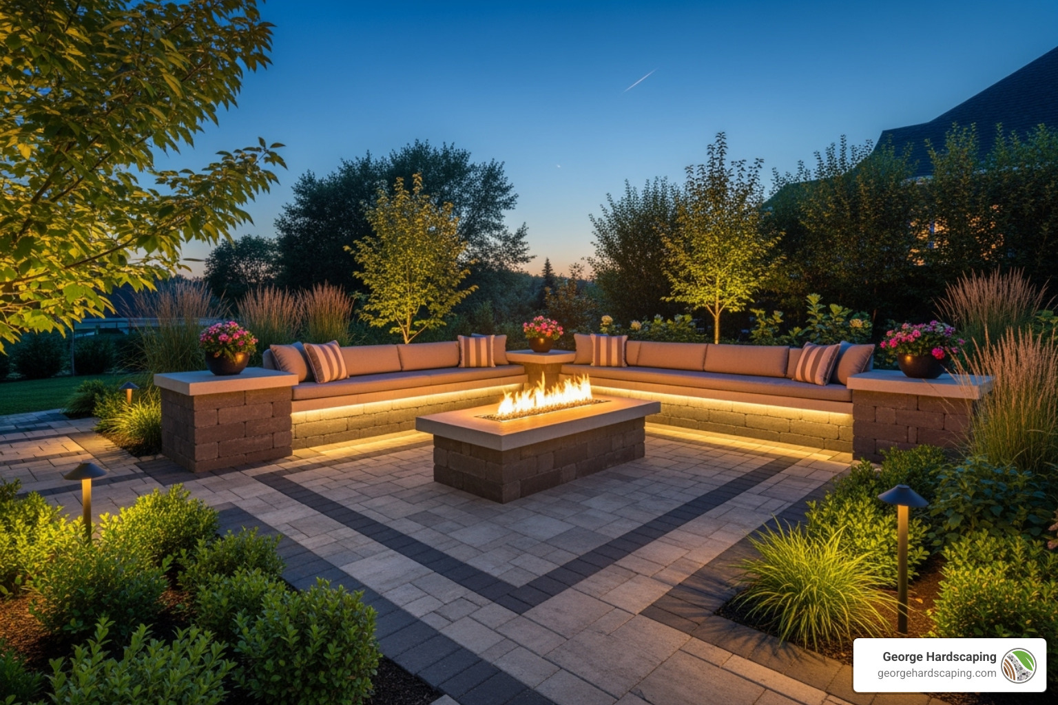 Modern outdoor living space featuring a paver patio with a built-in custom fire pit and integrated seating walls, surrounded by lush green plantings and subtle landscape lighting. - landscape remodeling Modern outdoor living space featuring a paver patio with a built-in custom fire pit and integrated seating walls, surrounded by lush green plantings and subtle landscape lighting. - landscape remodeling