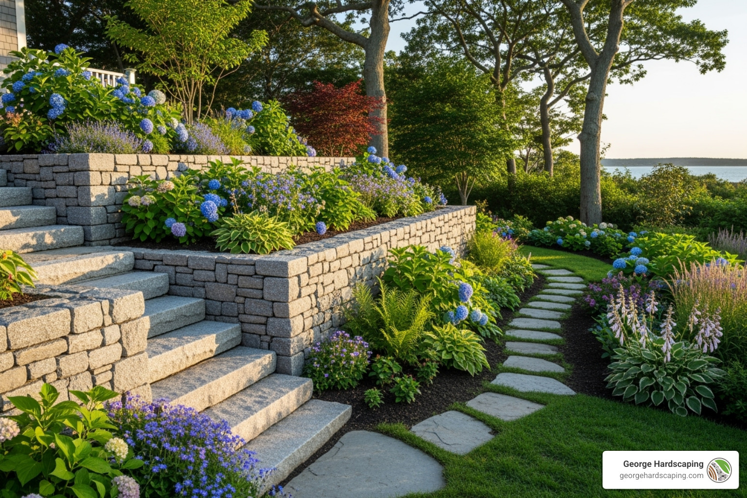 Beautiful, completed landscape project in the North Shore, MA area, showcasing intricate stone steps leading to a lush, multi-level garden with a custom-built retaining wall and vibrant plantings. - landscape remodeling Beautiful, completed landscape project in the North Shore, MA area, showcasing intricate stone steps leading to a lush, multi-level garden with a custom-built retaining wall and vibrant plantings. - landscape remodeling