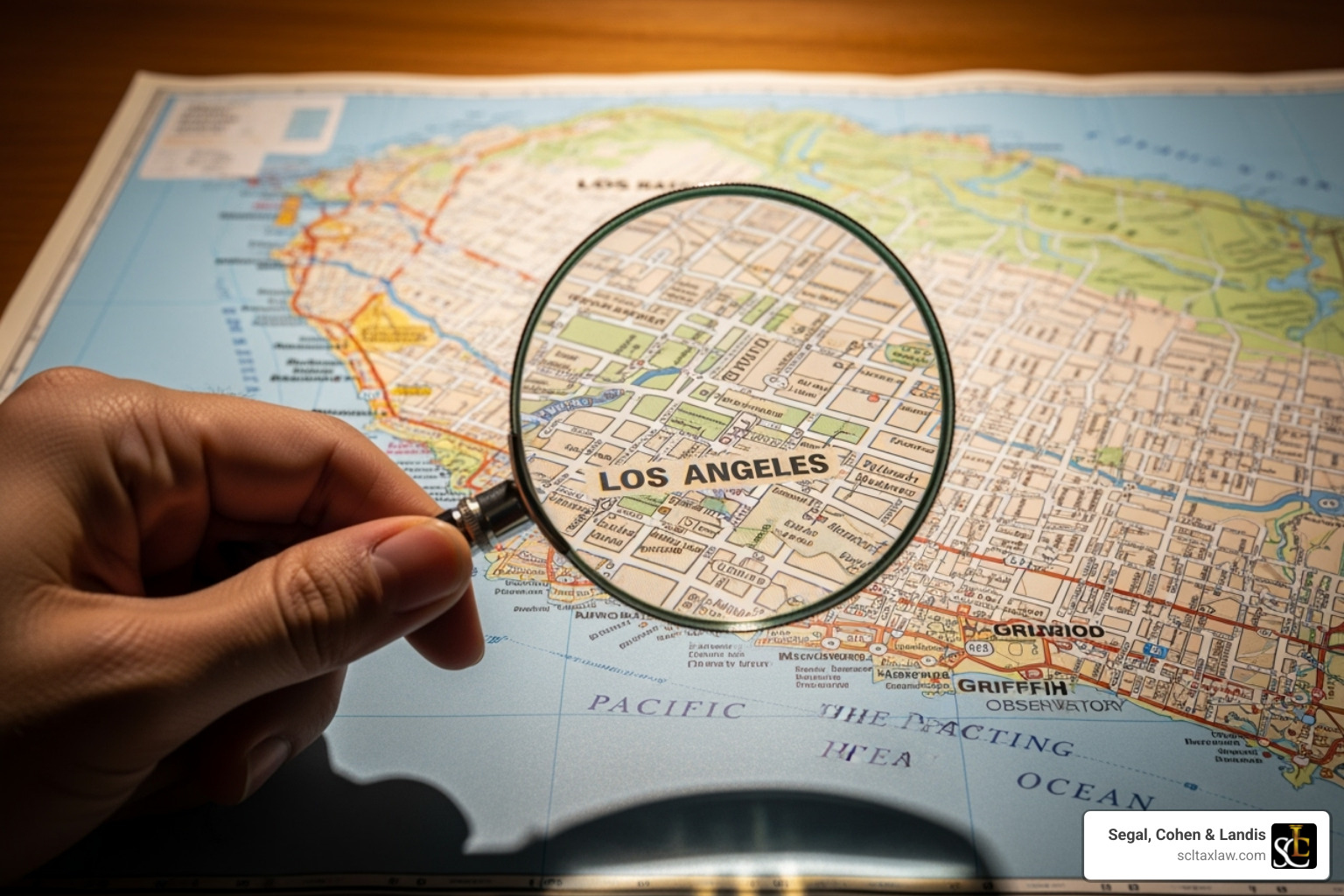 magnifying glass over a map of Los Angeles - tax attorney near me