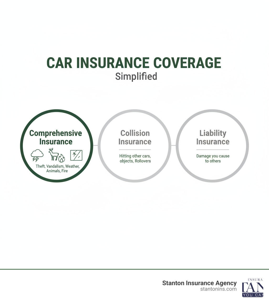 Infographic showing three circles: Comprehensive Insurance (covers theft, vandalism, weather, animals, fire), Collision Insurance (covers hitting other cars, objects, rollovers), and Liability Insurance (covers damage you cause to others). The comprehensive circle includes icons of a storm cloud, a deer, flames, and a broken window. - what's comprehensive insurance infographic Infographic showing three circles: Comprehensive Insurance (covers theft, vandalism, weather, animals, fire), Collision Insurance (covers hitting other cars, objects, rollovers), and Liability Insurance (covers damage you cause to others). The comprehensive circle includes icons of a storm cloud, a deer, flames, and a broken window. - what's comprehensive insurance infographic