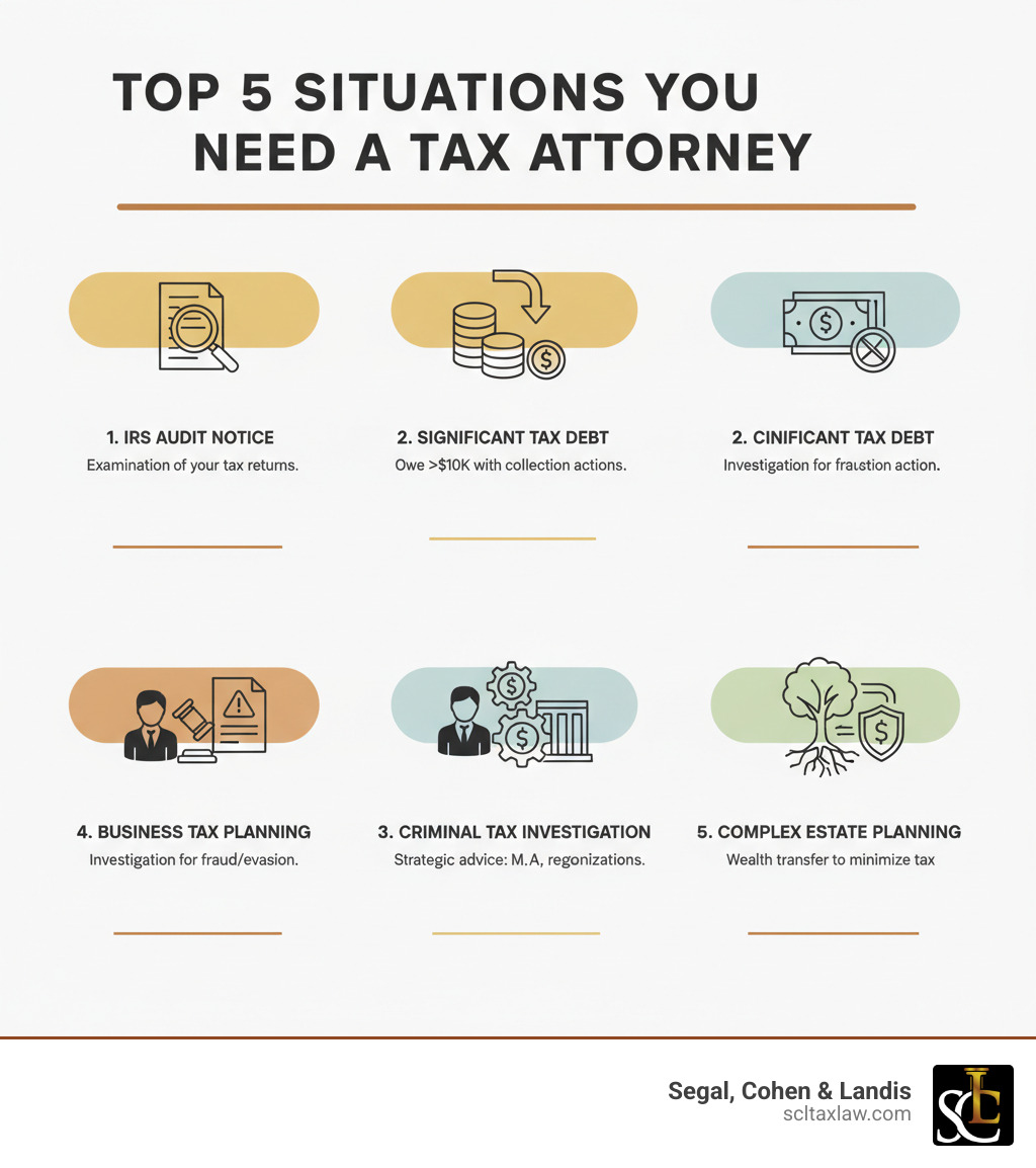 Infographic showing the top 5 situations when you need a tax attorney: 1. IRS Audit Notice - You've been selected for examination of your tax returns. 2. Significant Tax Debt - You owe more than $10,000 in back taxes with collection actions pending. 3. Criminal Tax Investigation - You're under investigation for tax fraud, evasion, or related crimes. 4. Business Tax Planning - You need strategic advice on corporate reorganizations, M&A, or tax-efficient structures. 5. Complex Estate Planning - You have substantial assets requiring sophisticated wealth transfer strategies to minimize tax burden. - tax attorney near me infographic 