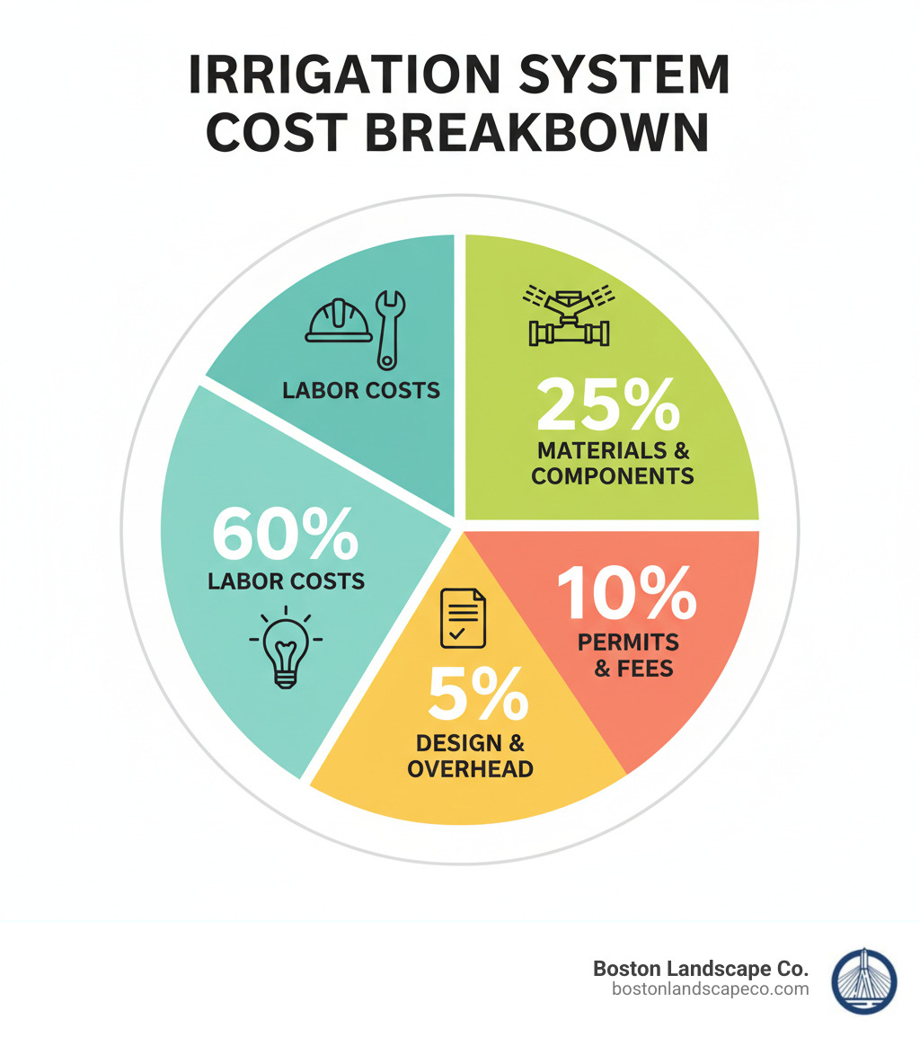 infographic showing irrigation system cost breakdown: 60% labor costs, 25% materials and components, 10% permits and fees, 5% design and overhead - price to install irrigation system infographic infographic showing irrigation system cost breakdown: 60% labor costs, 25% materials and components, 10% permits and fees, 5% design and overhead - price to install irrigation system infographic