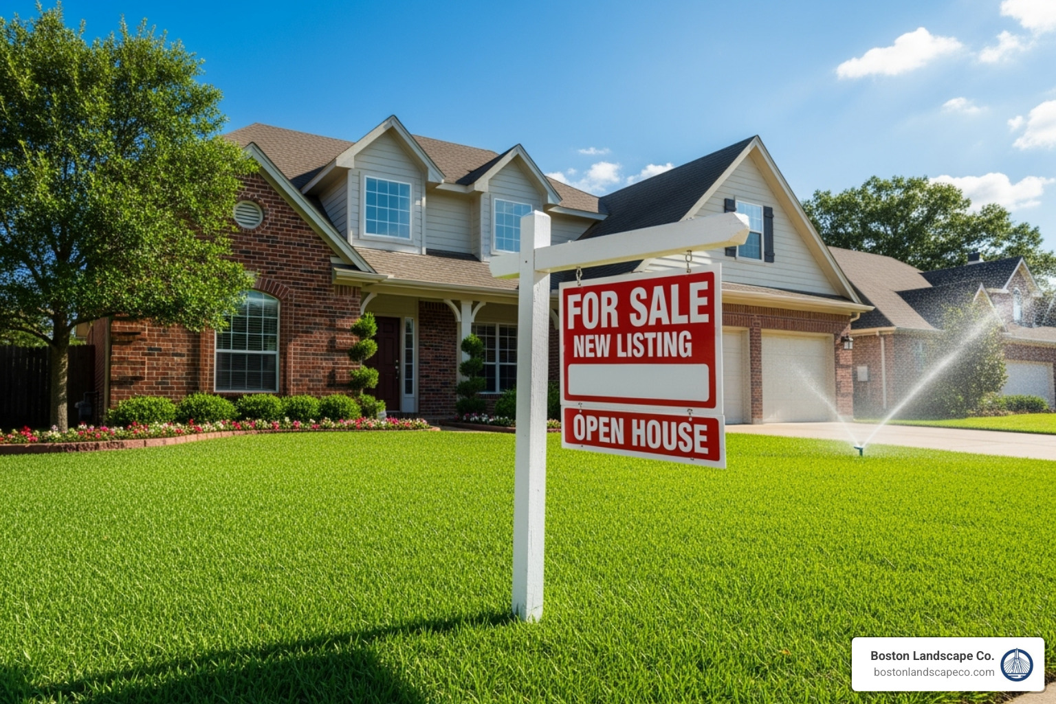 real estate sign in front of a home with a beautiful, well-irrigated lawn - price to install irrigation system real estate sign in front of a home with a beautiful, well-irrigated lawn - price to install irrigation system