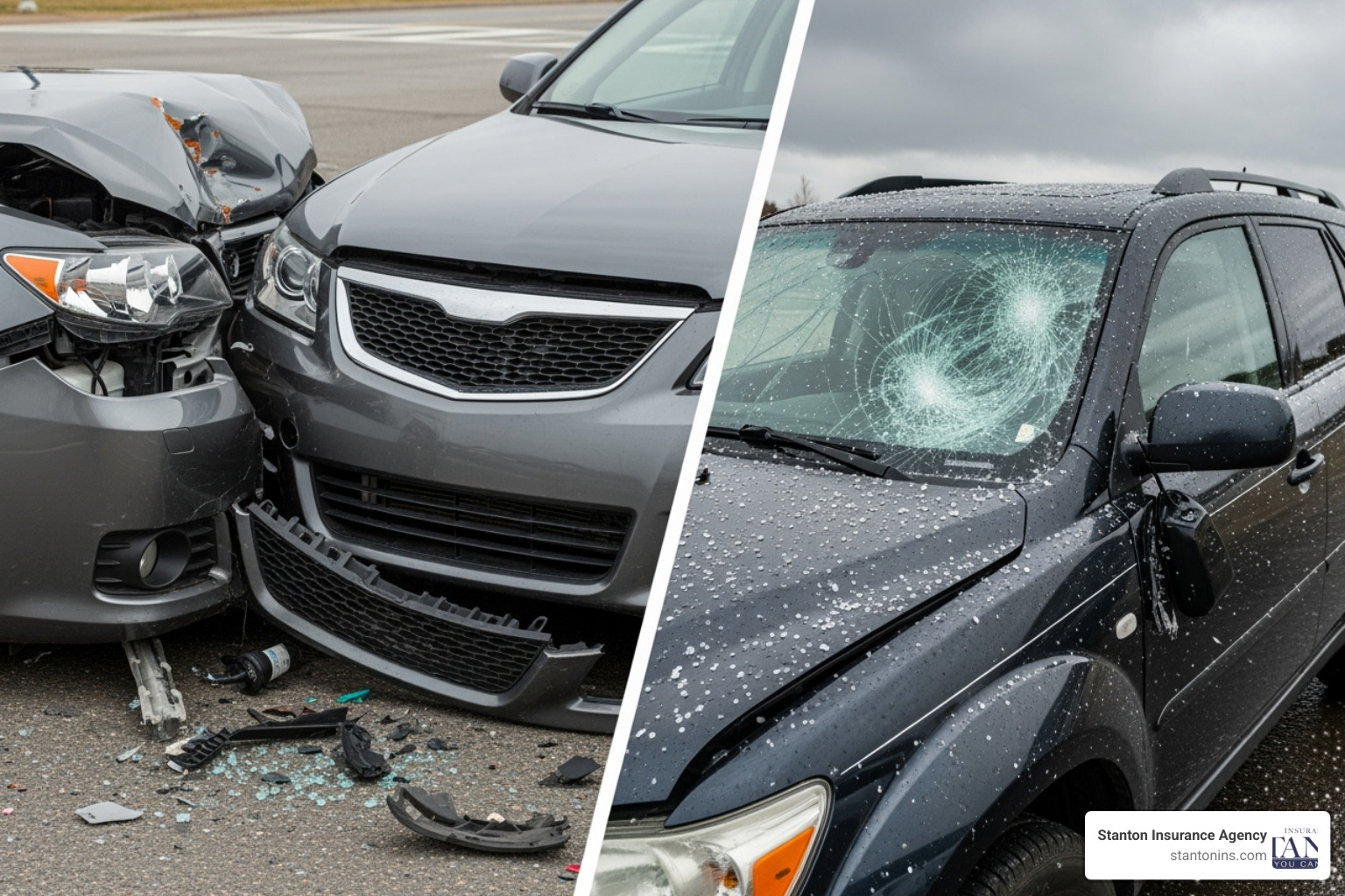 Split-screen showing a car after a two-car accident on one side (Collision) and a car damaged by hail on the other (Comprehensive). - what's comprehensive insurance Split-screen showing a car after a two-car accident on one side (Collision) and a car damaged by hail on the other (Comprehensive). - what's comprehensive insurance