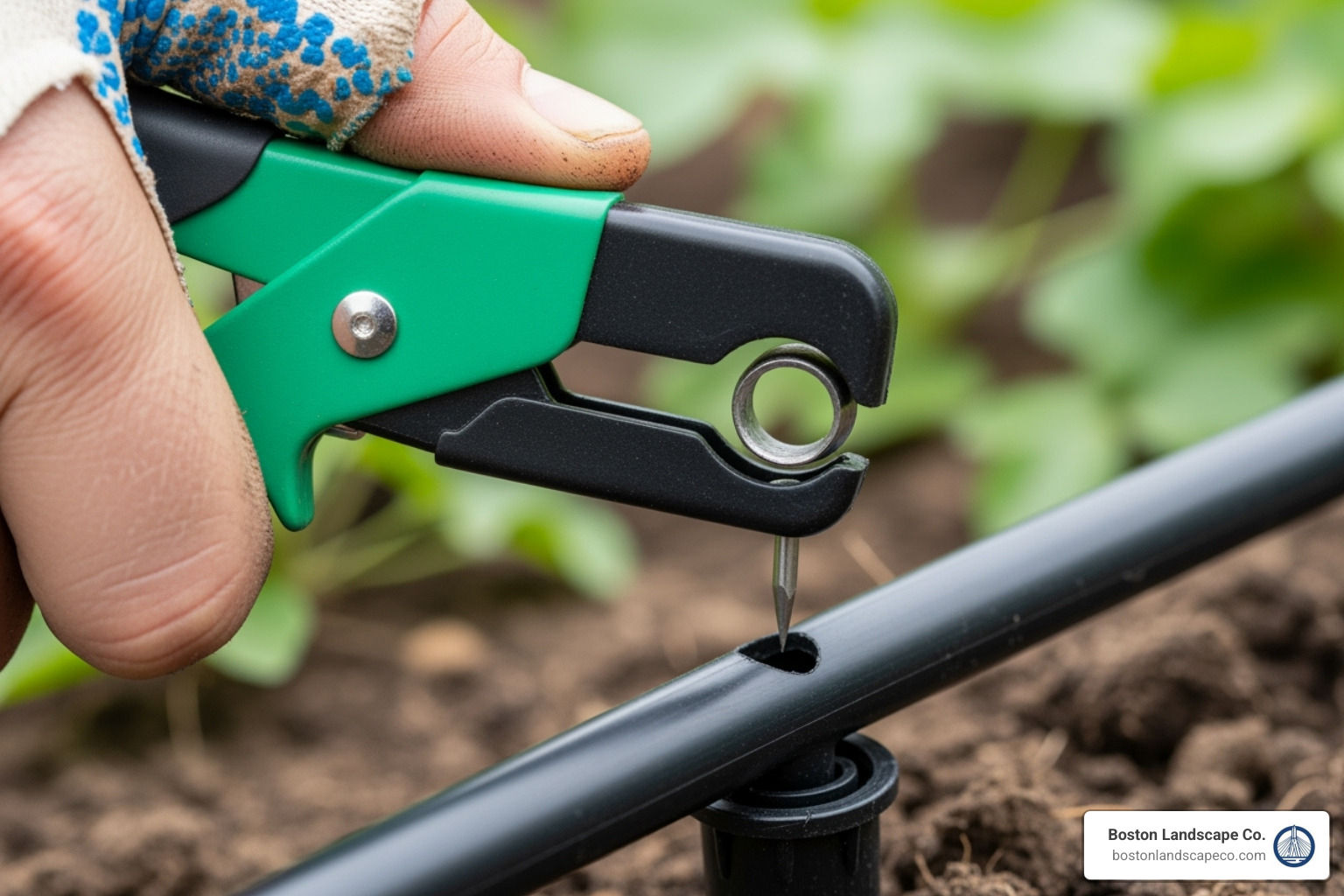 a close-up of a hand using a drip irrigation hole punch tool to create a hole in a black 1/2-inch poly tubing - how to install a drip irrigation system for potted plants