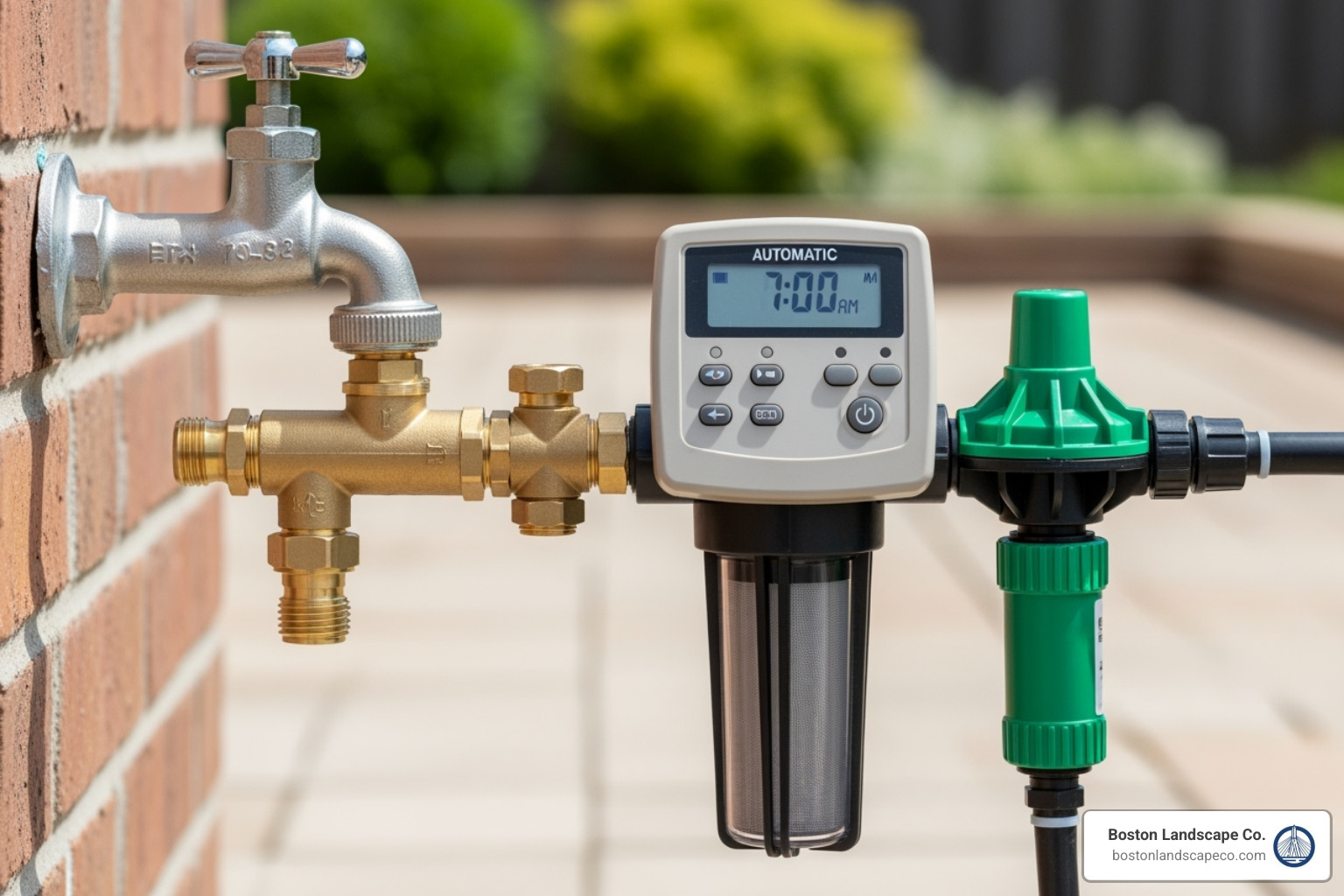 a close-up image of a complete head assembly connected to a spigot, showing a hose splitter, backflow preventer, timer, filter, and pressure regulator - how to install a drip irrigation system for potted plants