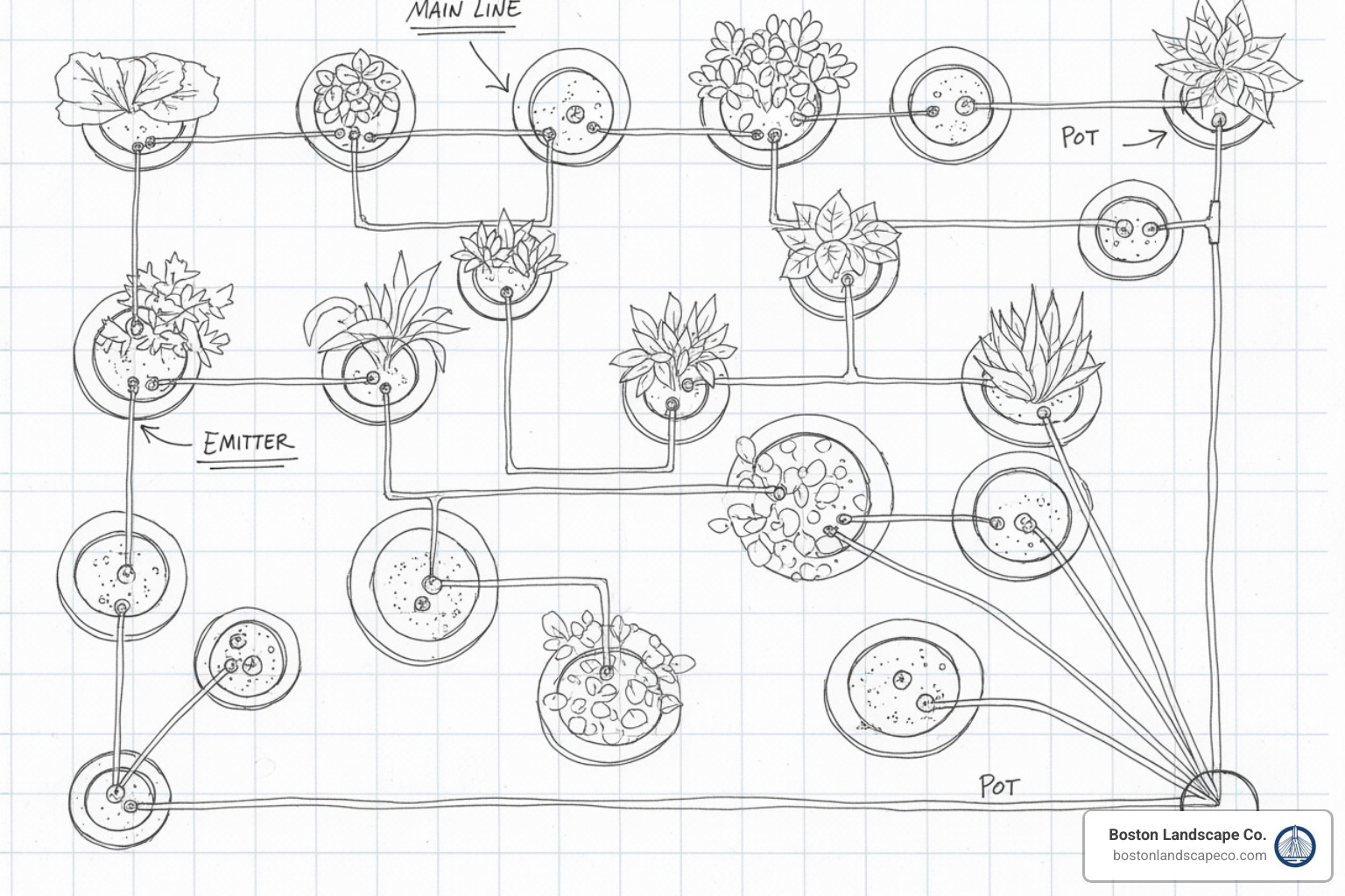 a hand-drawn sketch of a patio drip system layout with circles representing pots and lines representing tubing - how to install a drip irrigation system for potted plants