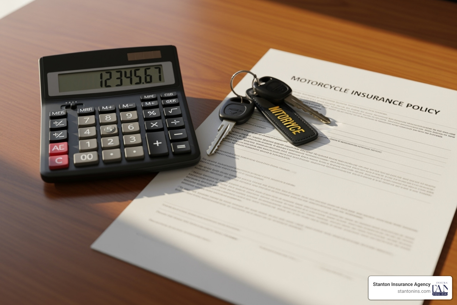 calculator and motorcycle keys on top of an insurance policy document - kawasaki ninja 300 insurance cost