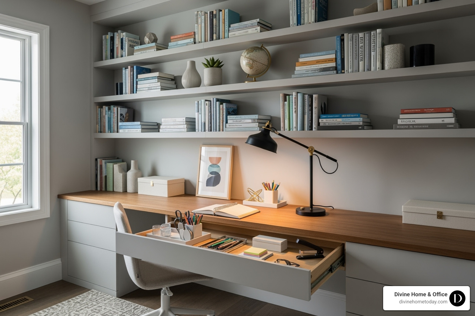clever built-in shelving and organized desk drawers - home office design trends clever built-in shelving and organized desk drawers - home office design trends