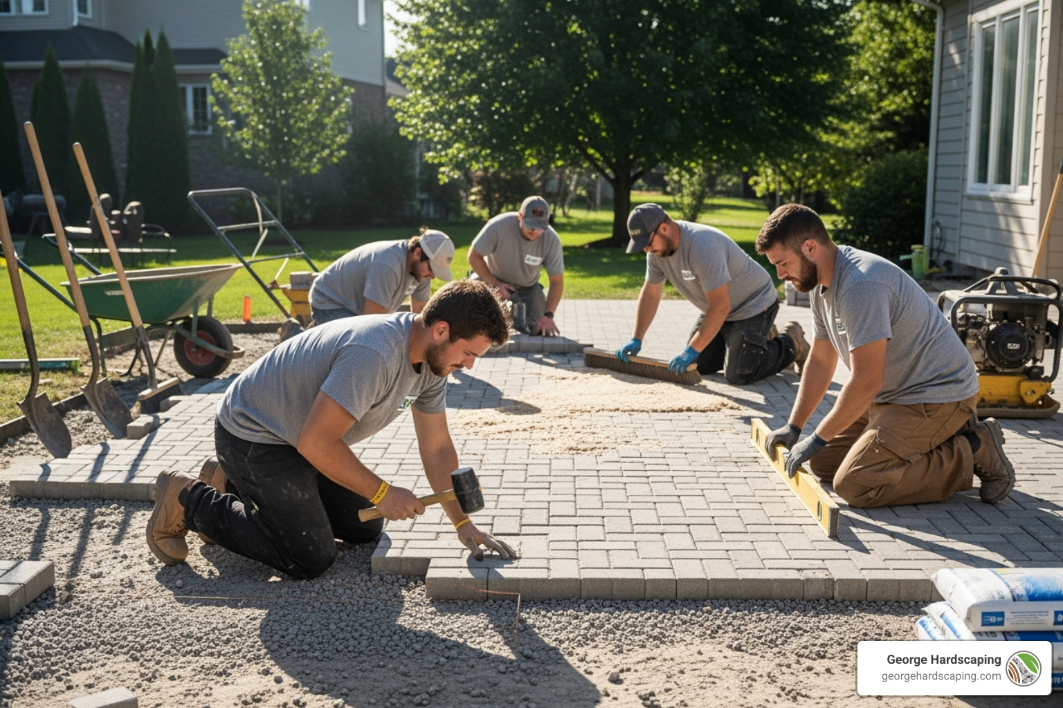 A hardscaping team carefully laying pavers for a new patio, showcasing their craftsmanship and attention to detail. - ma patio company