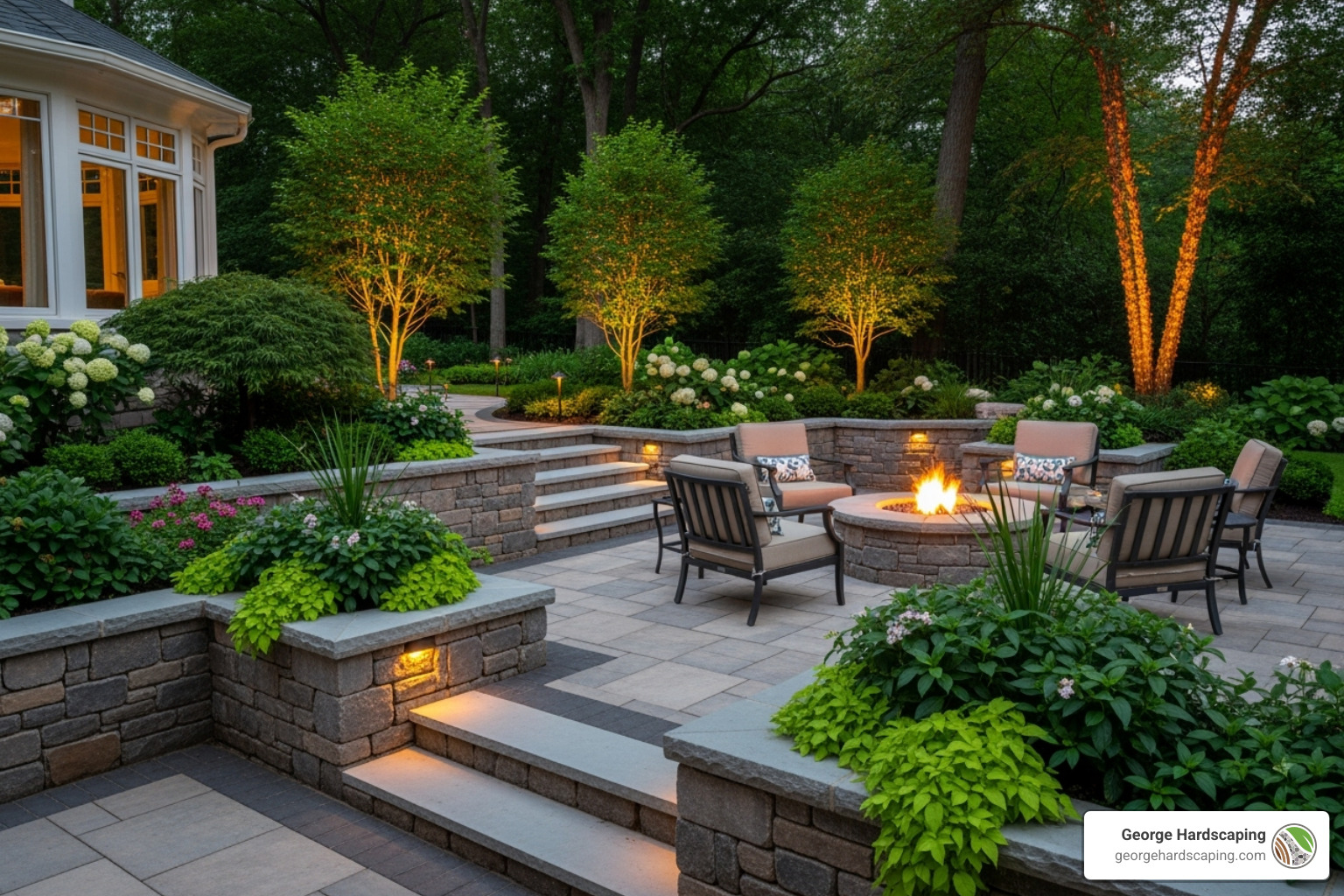 A complete outdoor oasis featuring a patio, integrated retaining wall, stone steps, and a custom fire pit, demonstrating cohesive design. - ma patio company