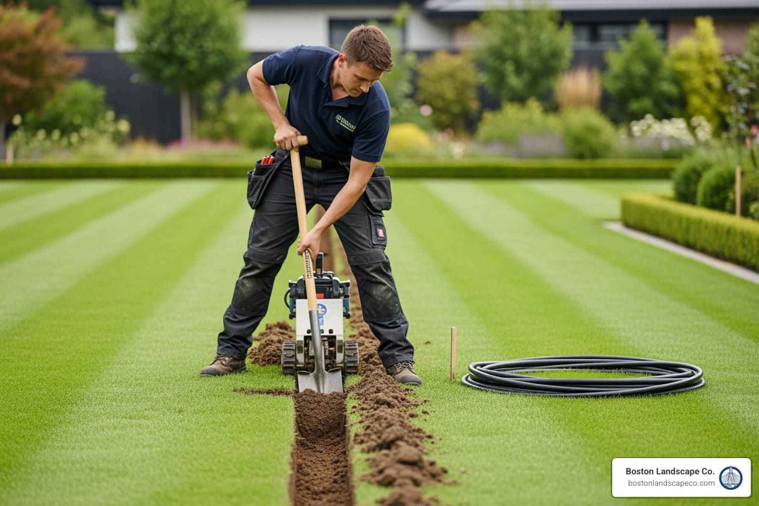 professional landscaper digging a neat trench for an irrigation line - lawn water sprinkler system