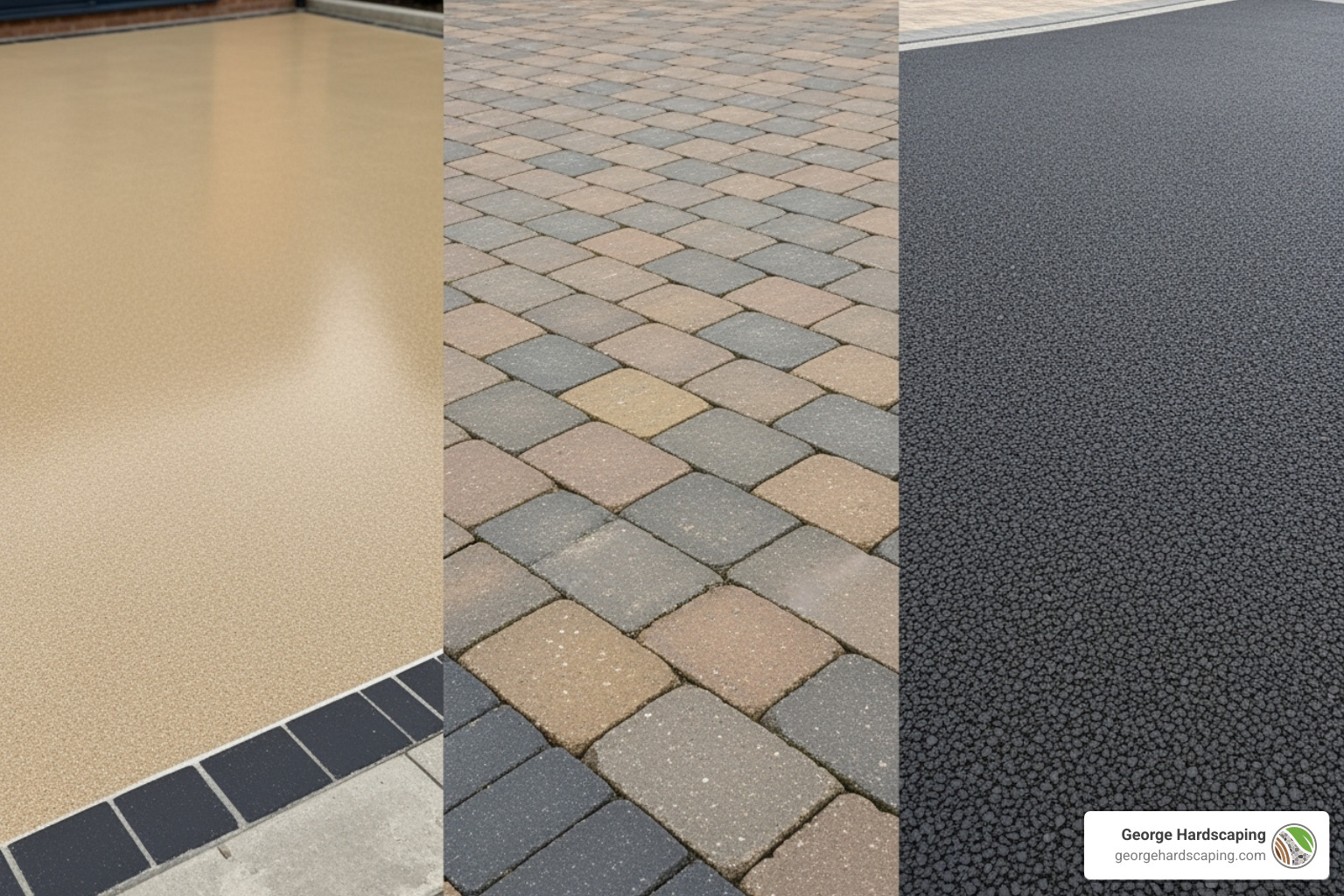 Collage of resin, block paving, and tarmac driveway textures for material comparison. - Patio & Driveways Gloucester