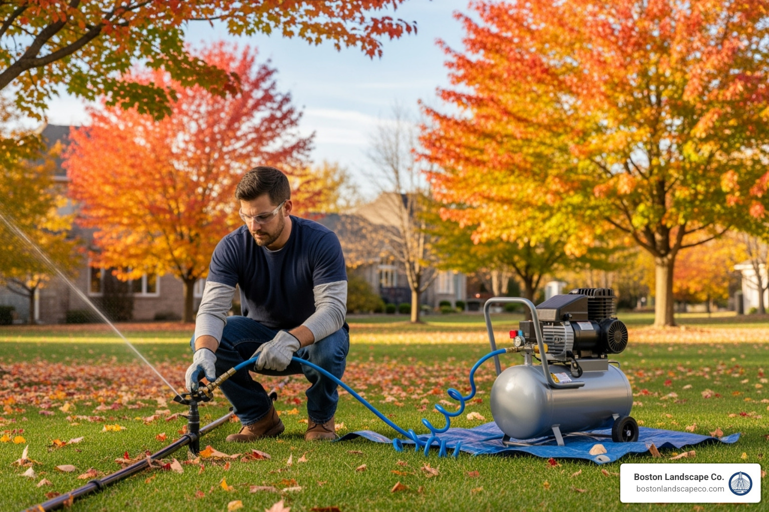 technician using compressed air to winterize a sprinkler system in the fall - lawn water sprinkler system