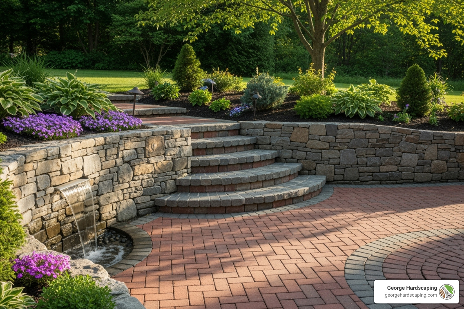 Neat Gloucester garden with stone retaining wall and brick steps leading to a patio, illustrating cohesive hardscaping. - Patio & Driveways Gloucester