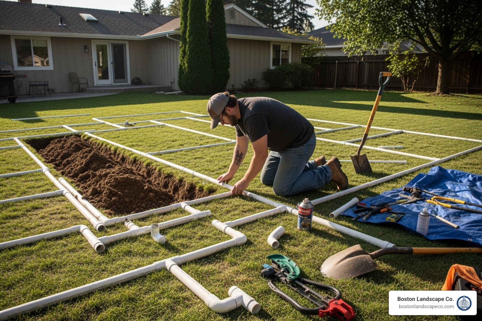 homeowner laying out PVC pipes in a yard - how to install a lawn irrigation system