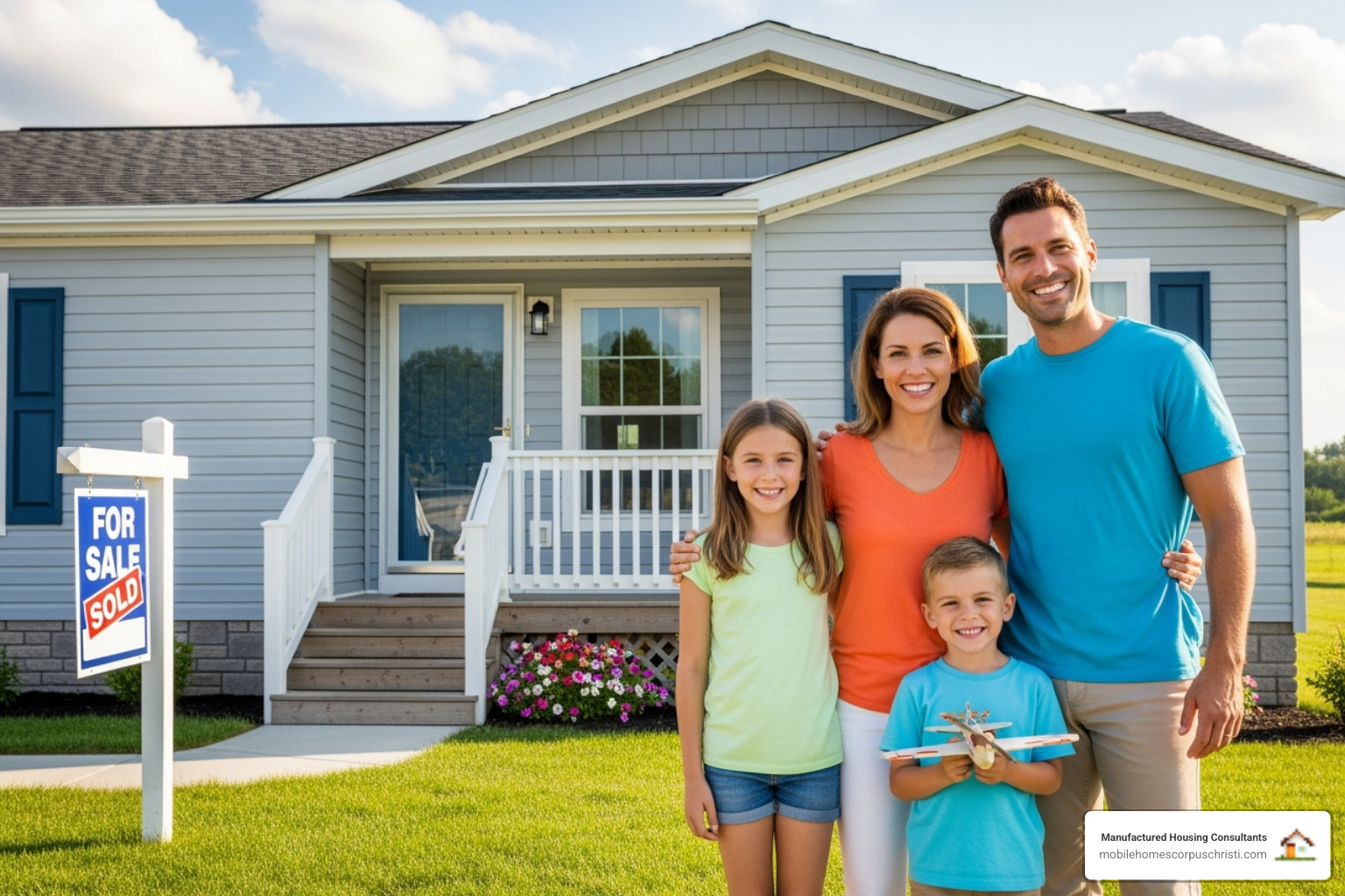 Happy family in front of their new double wide home - double wide dealers near me