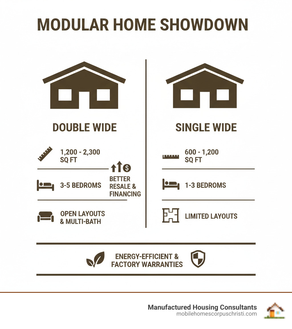 Infographic showing comparison between double wide and single wide homes: Double Wide offers 1,200-2,300 sq ft vs Single Wide 600-1,200 sq ft; Double Wide has 3-5 bedrooms vs Single Wide 1-3 bedrooms; Double Wide features open-concept layouts and multiple bathrooms vs Single Wide with limited floor plan options; Double Wide provides better resale value and financing options; both offer energy-efficient construction and factory warranties - double wide dealers near me infographic 