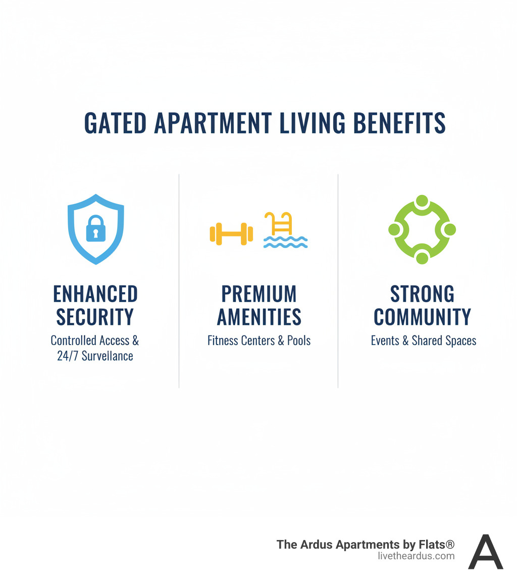infographic showing three main benefits of gated apartment living: a shield icon representing enhanced security with controlled access and 24/7 surveillance, a dumbbell and pool icon representing premium amenities like fitness centers and pools, and connected people icons representing strong sense of community through events and shared spaces - gated communities apartments infographic 