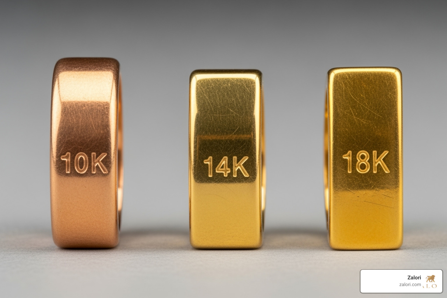three gold bars or rings showing the color variations of 10k, 14k, and 18k gold - solid gold jewelry three gold bars or rings showing the color variations of 10k, 14k, and 18k gold - solid gold jewelry