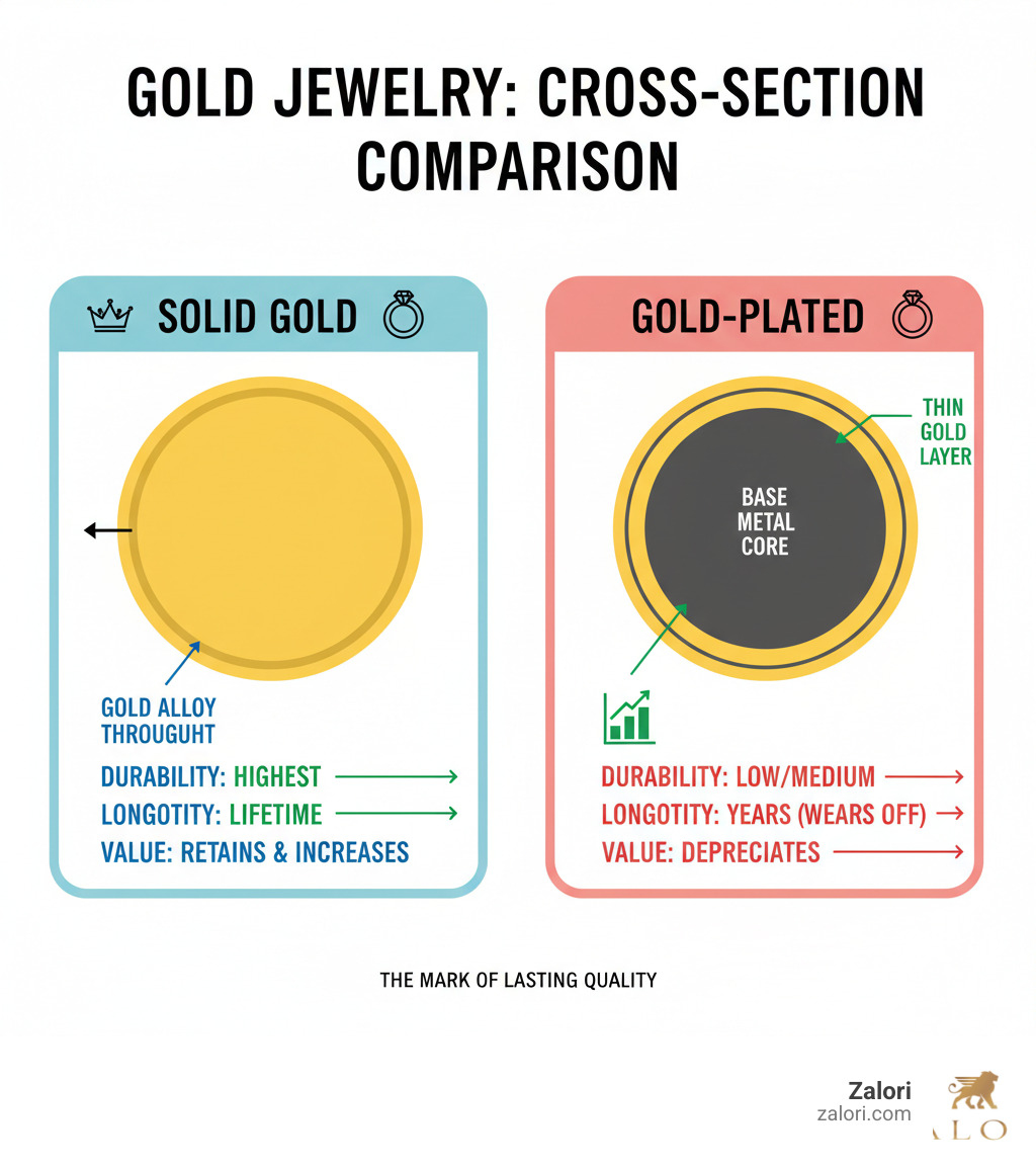 infographic showing cross-section comparison of solid gold jewelry (gold alloy throughout) versus gold-plated jewelry (thin gold layer over base metal core) with labels indicating durability, longevity, and value differences - solid gold jewelry infographic infographic showing cross-section comparison of solid gold jewelry (gold alloy throughout) versus gold-plated jewelry (thin gold layer over base metal core) with labels indicating durability, longevity, and value differences - solid gold jewelry infographic